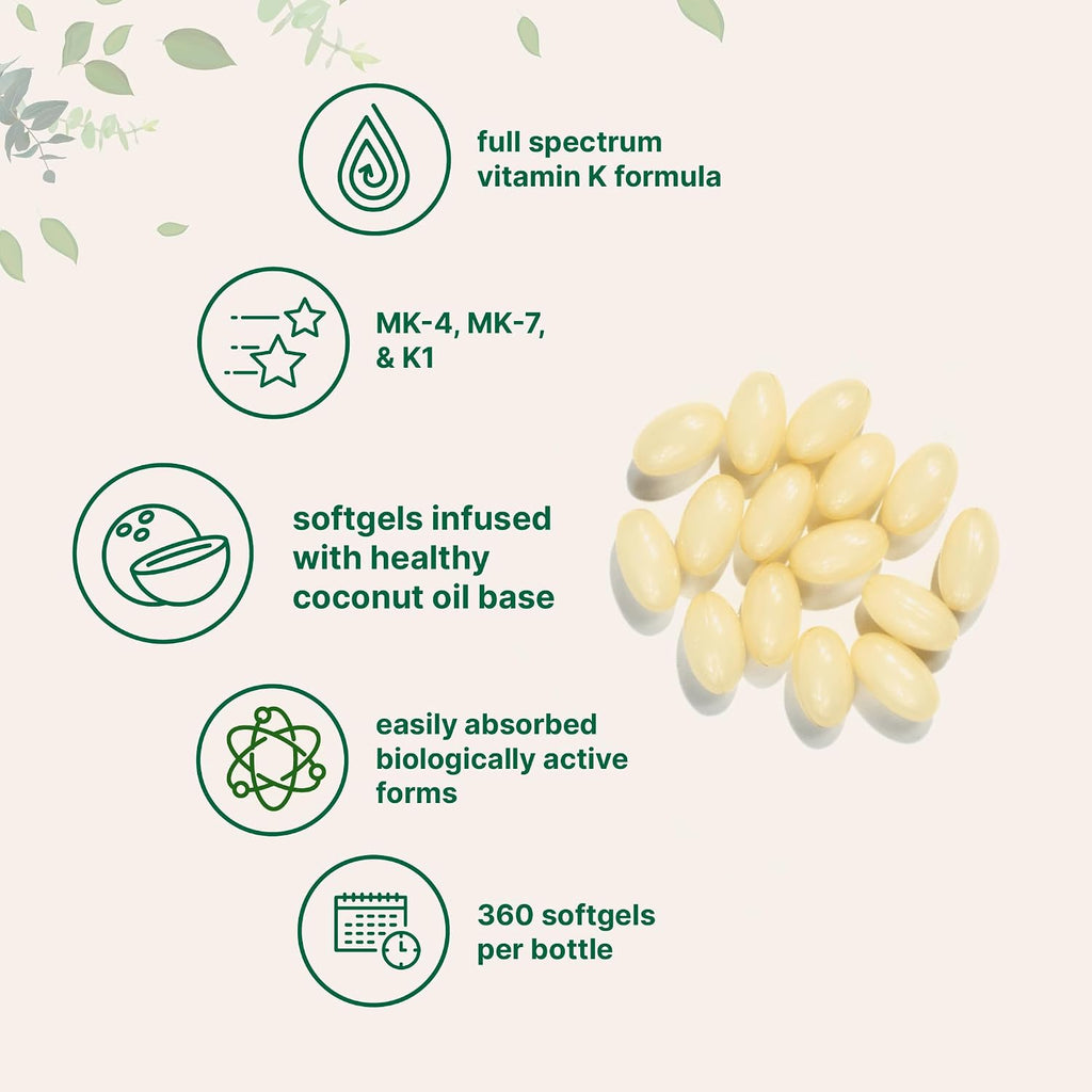 Super Vitamin K Complex (K2 MK7 + MK4 & K1), 360 Cápsulas de Aceite de Coco | Vitaminas K Fácilmente Absorbibles