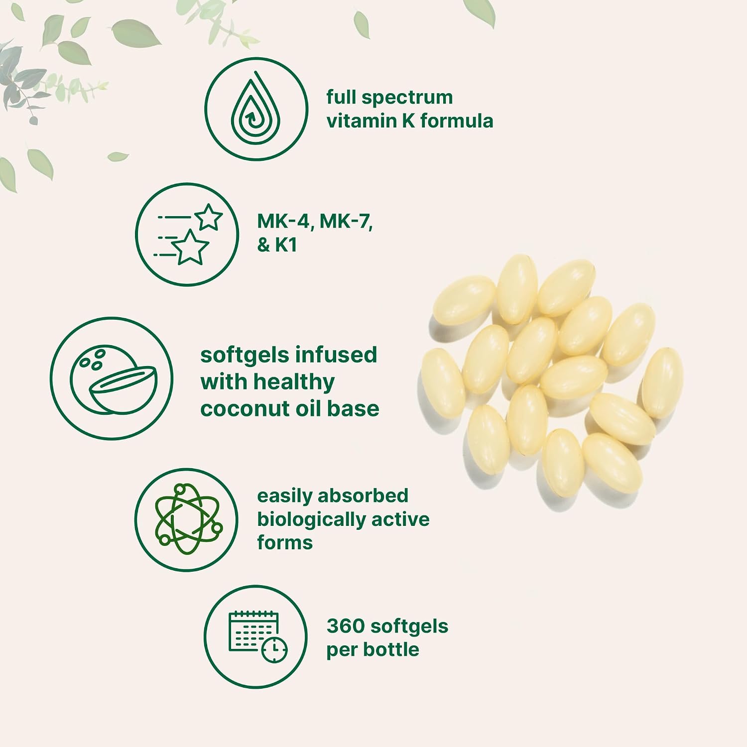 Super Vitamin K Complex (K2 MK7 + MK4 & K1), 360 Cápsulas de Aceite de Coco | Vitaminas K Fácilmente Absorbibles