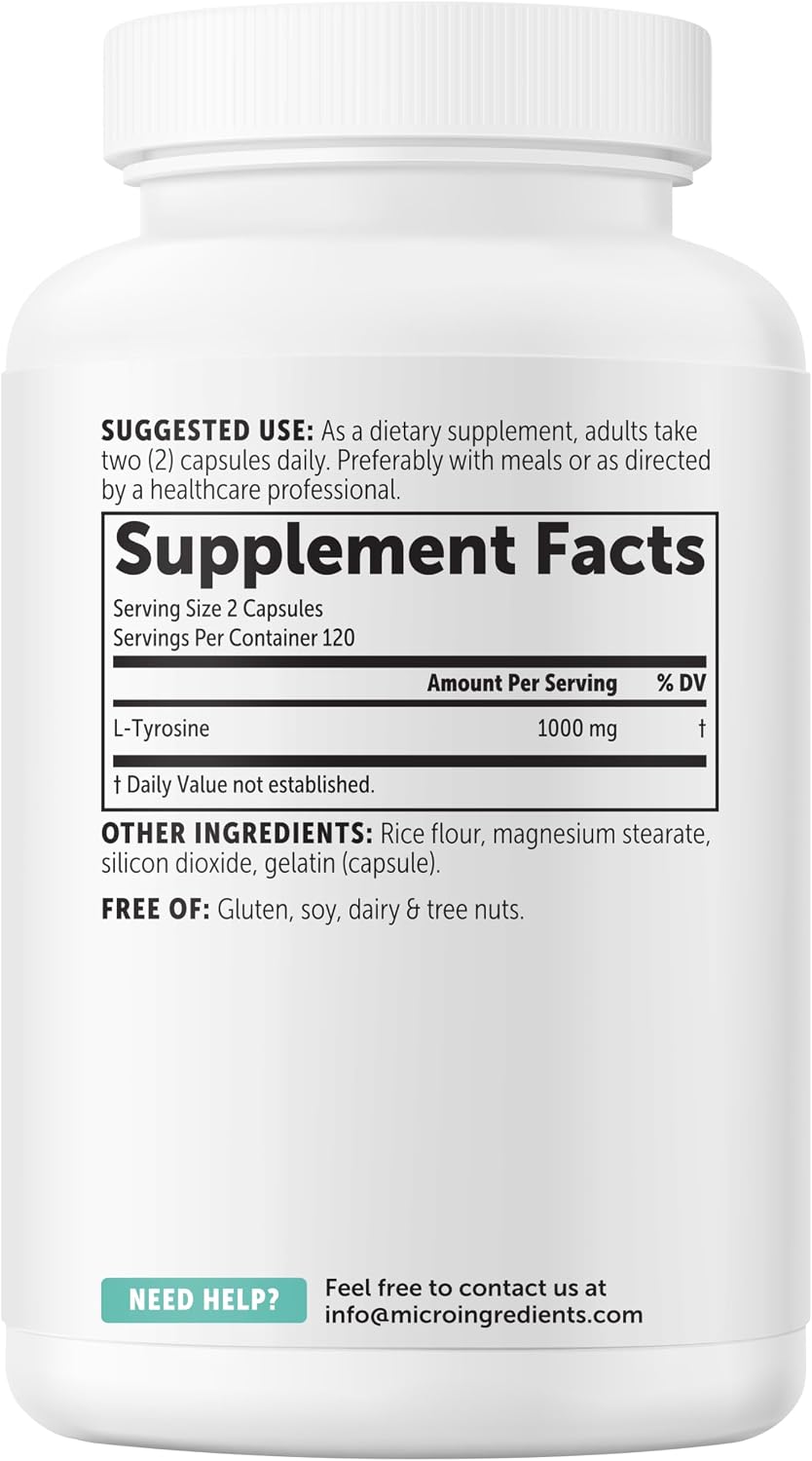 Micro Ingredients L-Tirosina 1000 mg, 240 Cápsulas | Suplemento de Aminoácidos No Transgénico