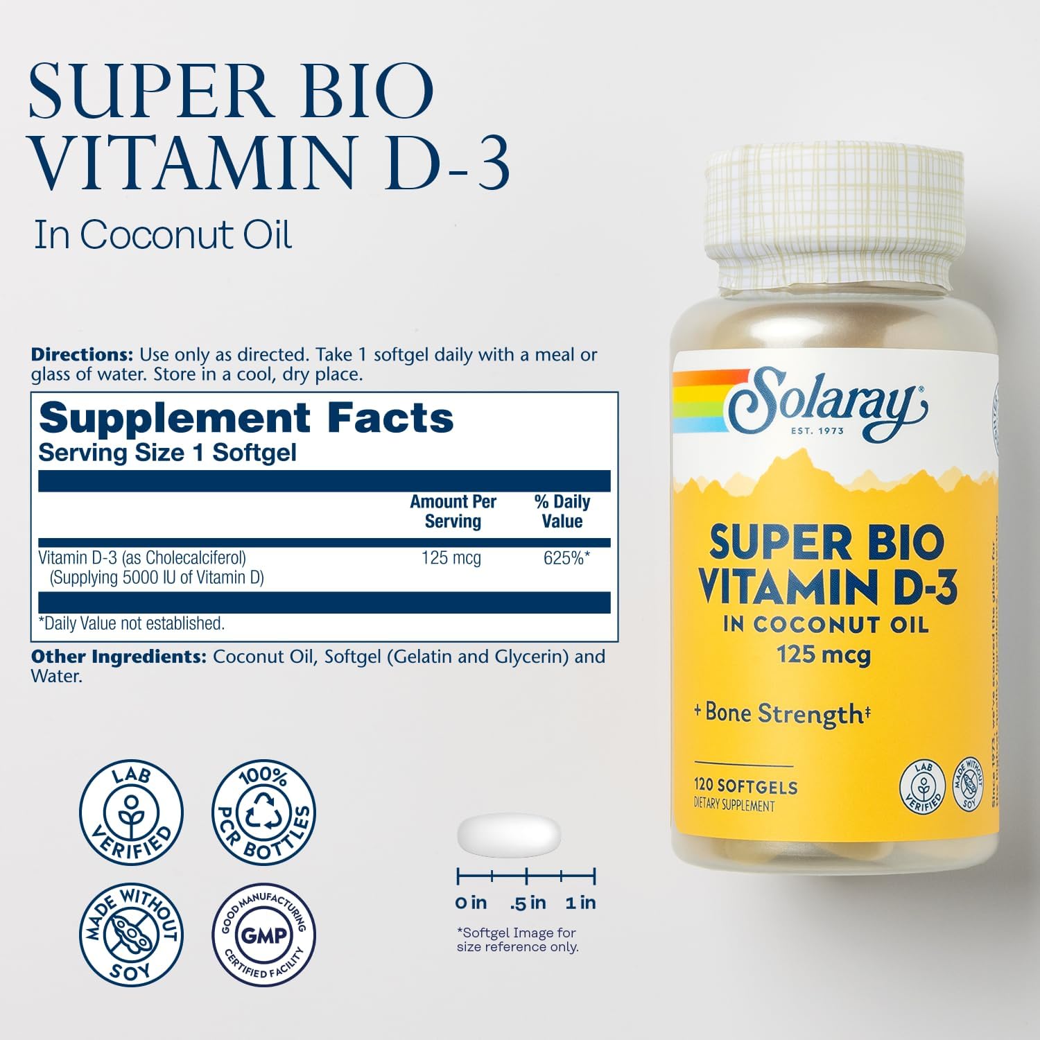 SOLARAY Super Bio Vitamin D3 in Coconut Oil - 5000 IU - 120 Softgels
