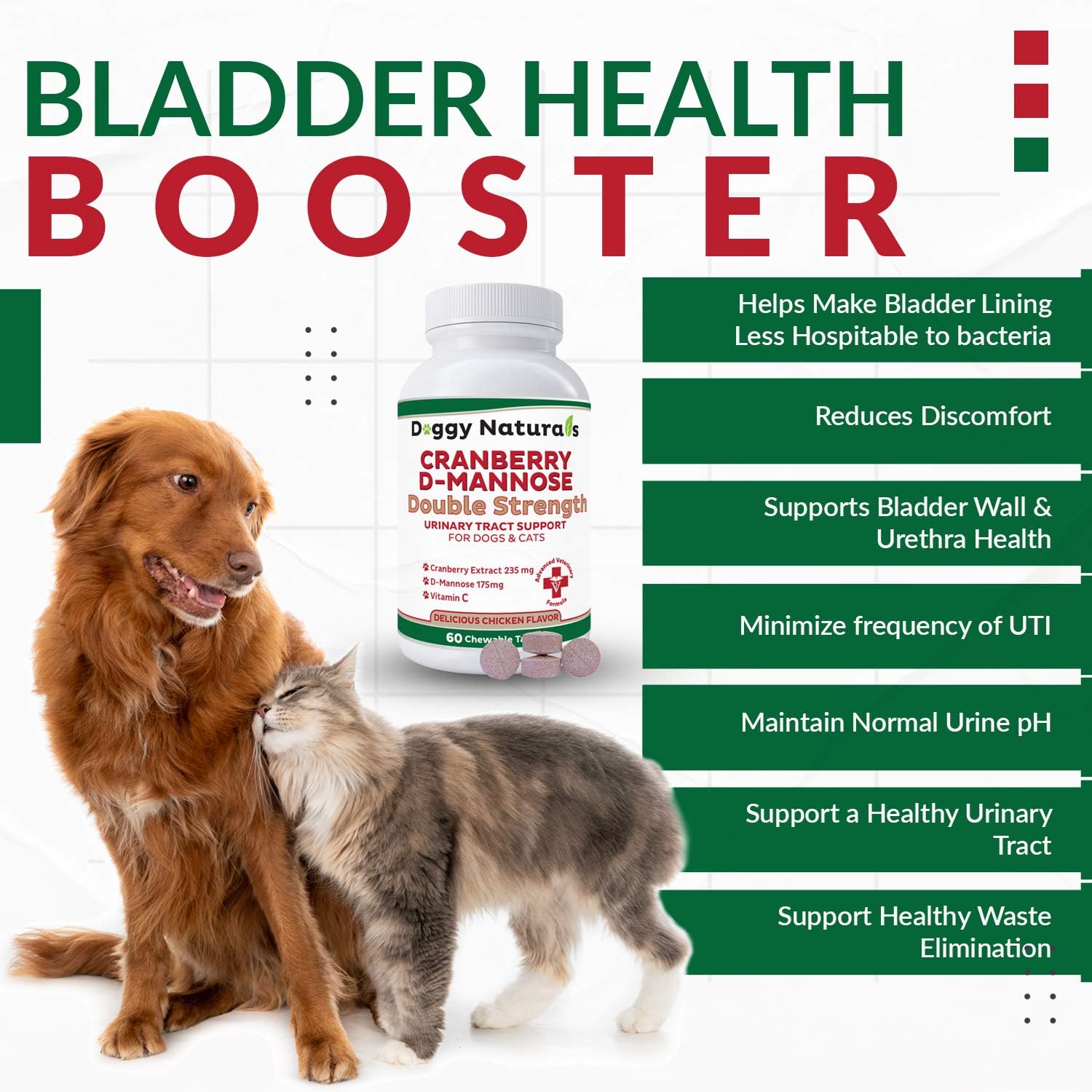 Cranberry D-Mannose para Perros y Gatos - Apoyo Urinario - Tabletas Doble Concentración (60 unidades)