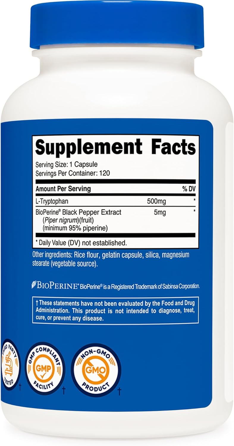Nutricost L-Tryptophan 500mg, 120 Capsules - with BioPerine, Gluten-Free, Non-GMO