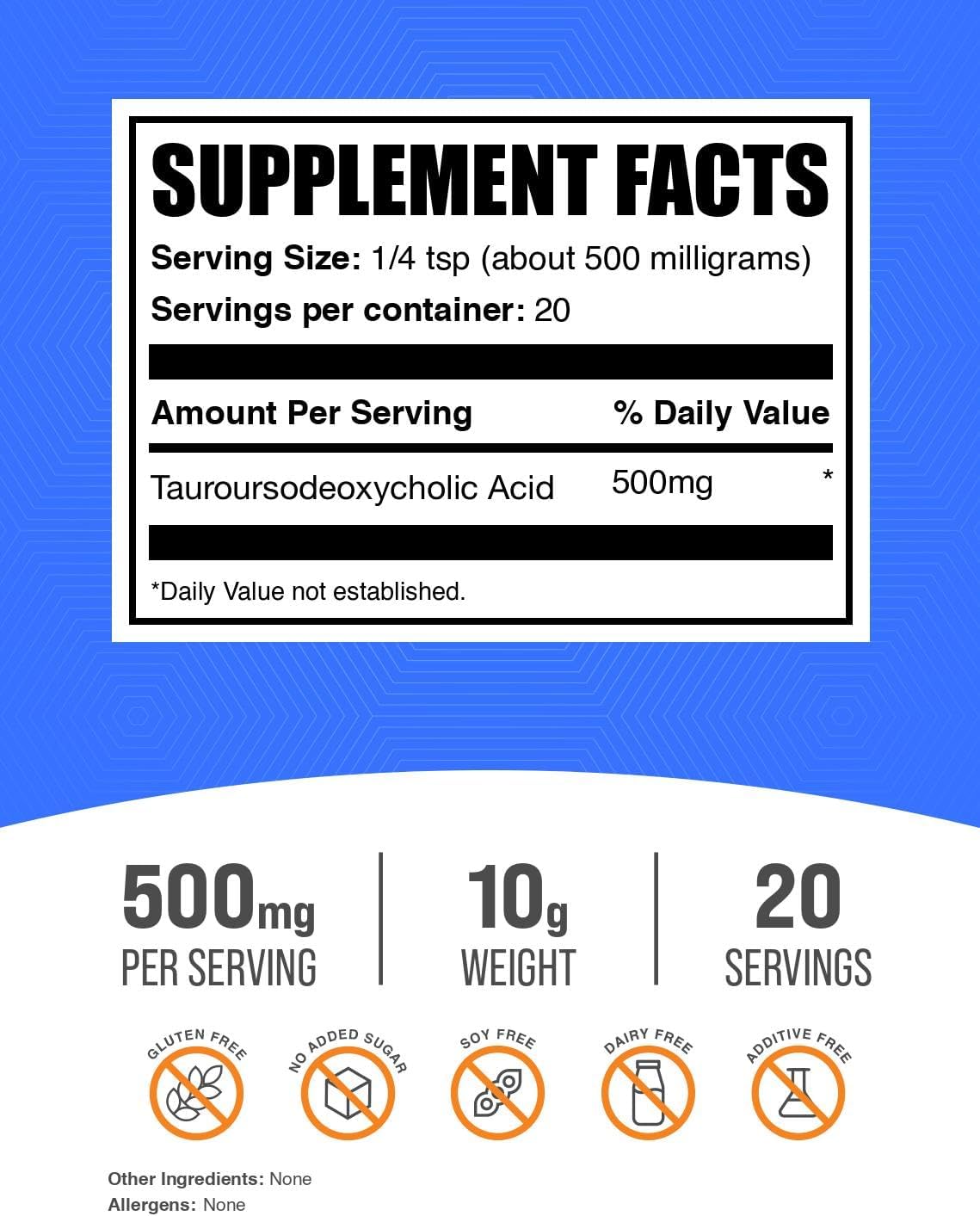 BulkSupplements TUDCA en Polvo - Ácido Tauroursodesoxicólico 500mg por Ración - 10g