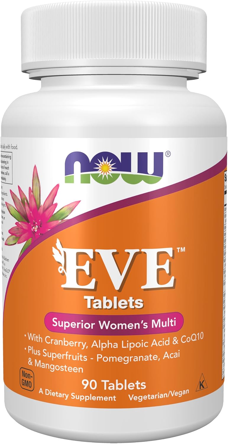 NOW Foods Eve™ Multivitamínico para Mujeres con Arándano Rojo, Ácido Alfa-Lipoico y CoQ10, más Superfrutas - Granado, Acai y Mangostán, 90 Comprimidos