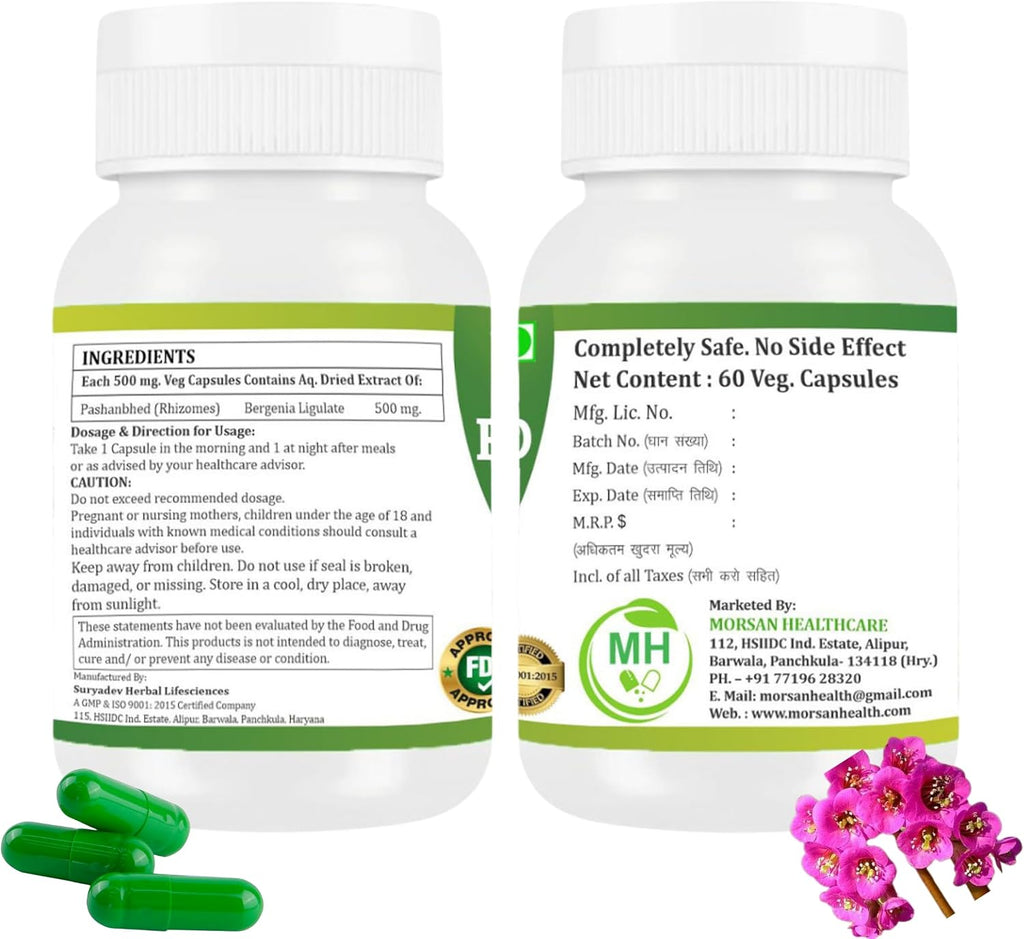Pashanabheda (Bergenia ligulata) Cápsulas de Polvo - 500 mg - 120 Cápsulas Vegetales