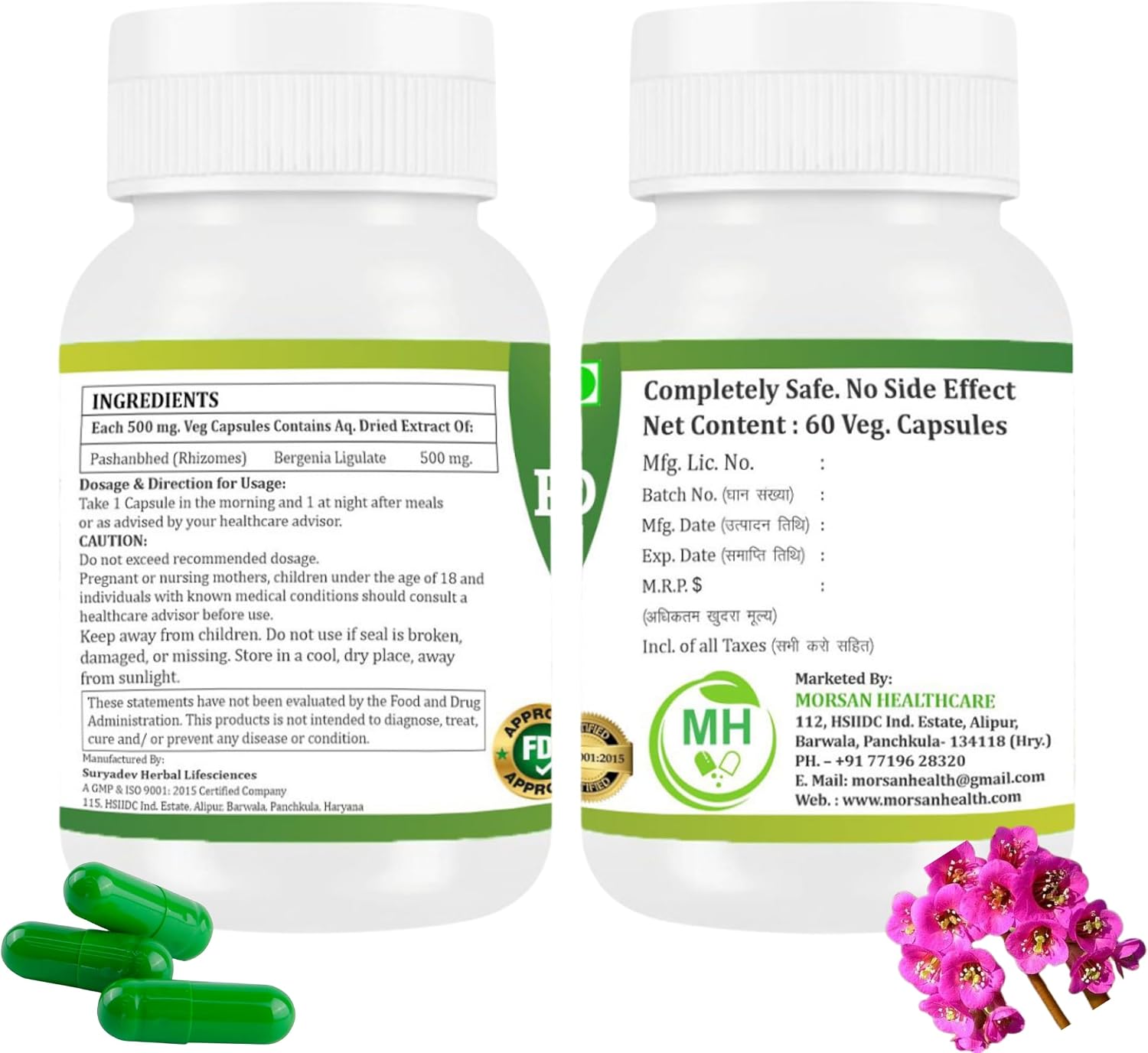 Pashanabheda (Bergenia ligulata) Cápsulas de Polvo - 500 mg - 120 Cápsulas Vegetales