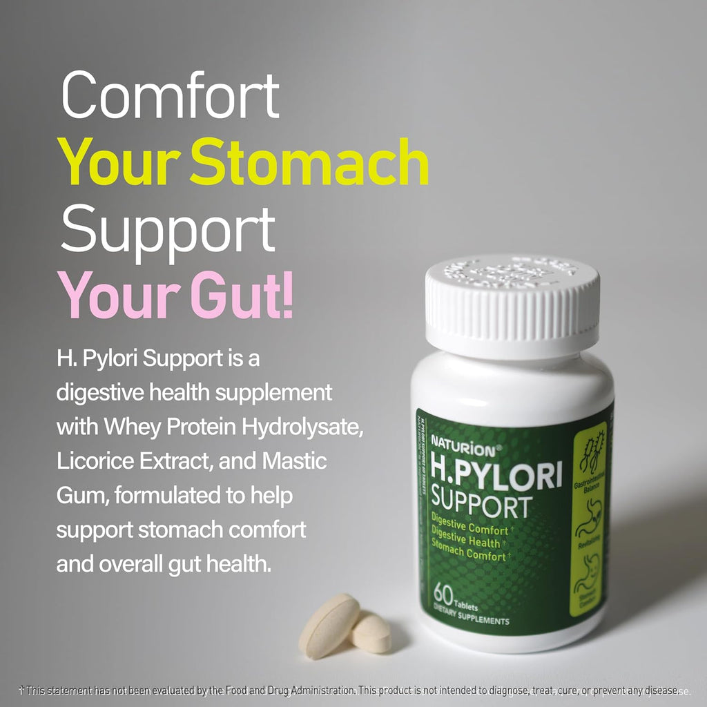 NATURION H. Pylori Support - Suplemento para la Salud Digestiva con Mezcla G-FOS, Proteína de Suero, Regaliz, Mastic, Vitamina U y Vitamina B2 - Confort Estomacal y Equilibrio Intestinal - 60 Comprimidos, 30 Días