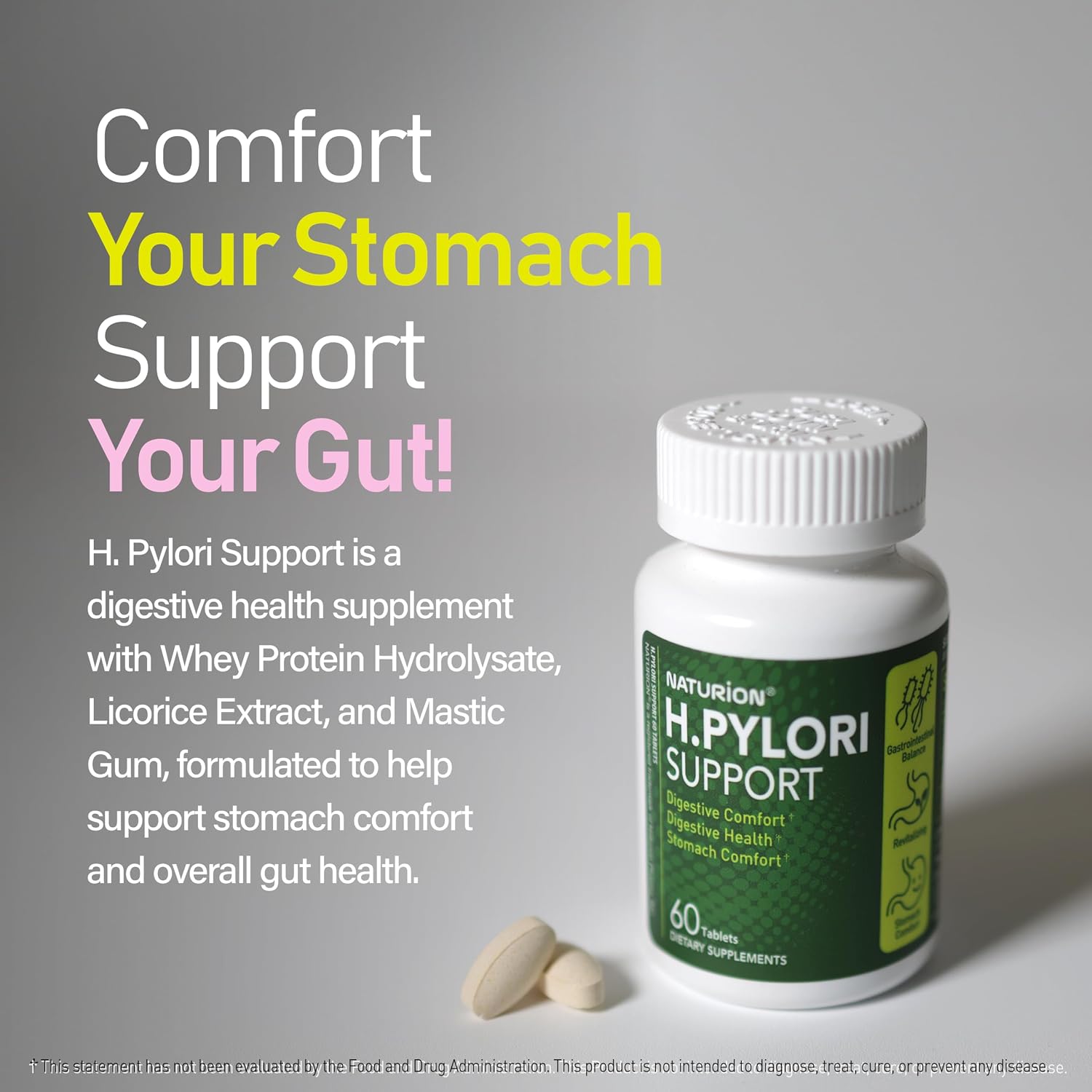 NATURION H. Pylori Support - Suplemento para la Salud Digestiva con Mezcla G-FOS, Proteína de Suero, Regaliz, Mastic, Vitamina U y Vitamina B2 - Confort Estomacal y Equilibrio Intestinal - 60 Comprimidos, 30 Días