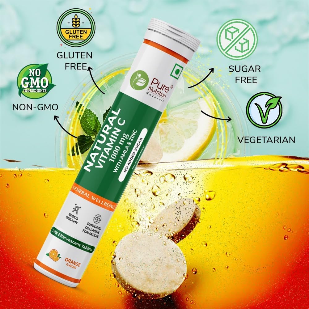 Pure Nutrition Vitamina C y Zinc, 40 Comprimidos Efervescentes (20 x 2), Sabor Naranja, 1000mg Extracto de Amla, Apoya la Piel, Inmunidad y Bienestar Diario para Hombres y Mujeres