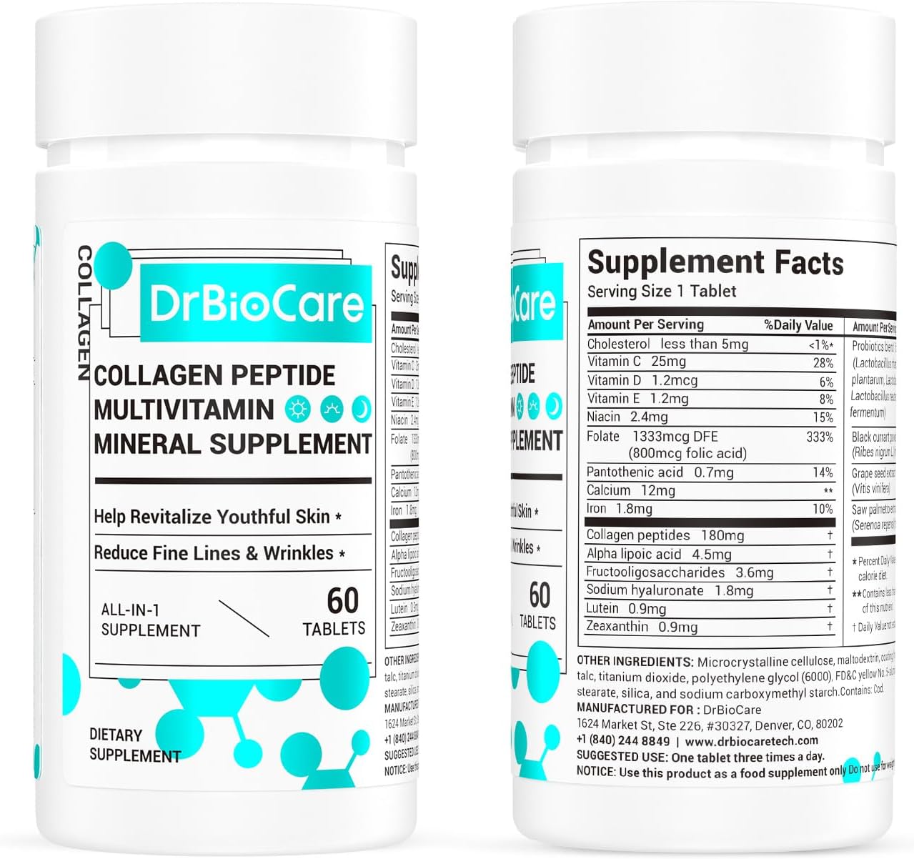 DrBioCare Péptidos de Colágeno para Mujeres - Suplemento de Vitaminas y Minerales de Belleza - 60 Comprimidos