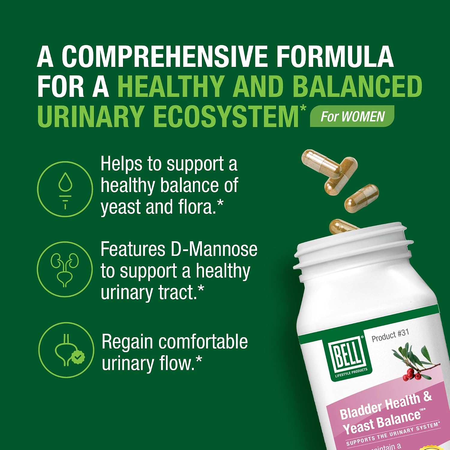 Bell Bladder Health & Yeast Flora Balance - 60 Cápsulas - D-Mannose para el Bienestar Femenino