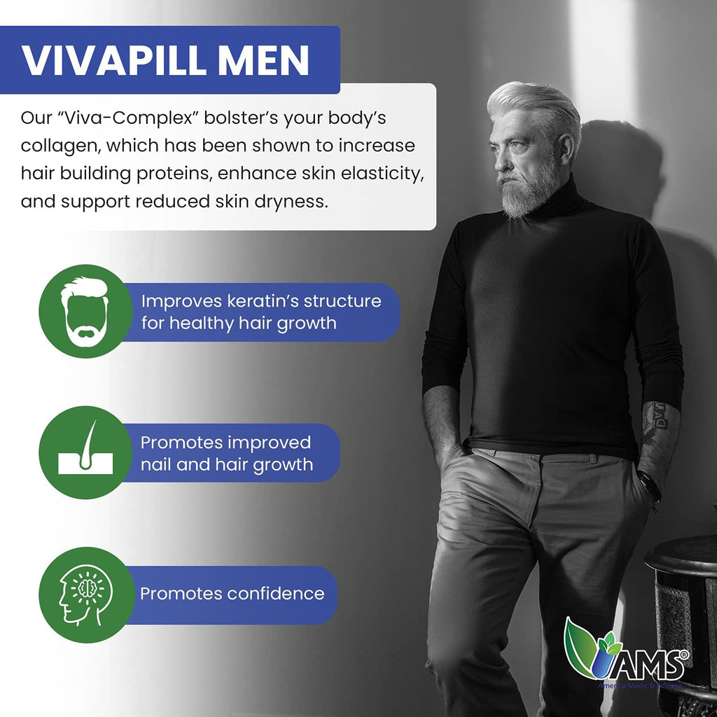 America Medic & Science VivaPill para Hombres (120 Cápsulas) - Suplemento para Cabello, Piel y Uñas con Biotina, Colágeno y Queratina