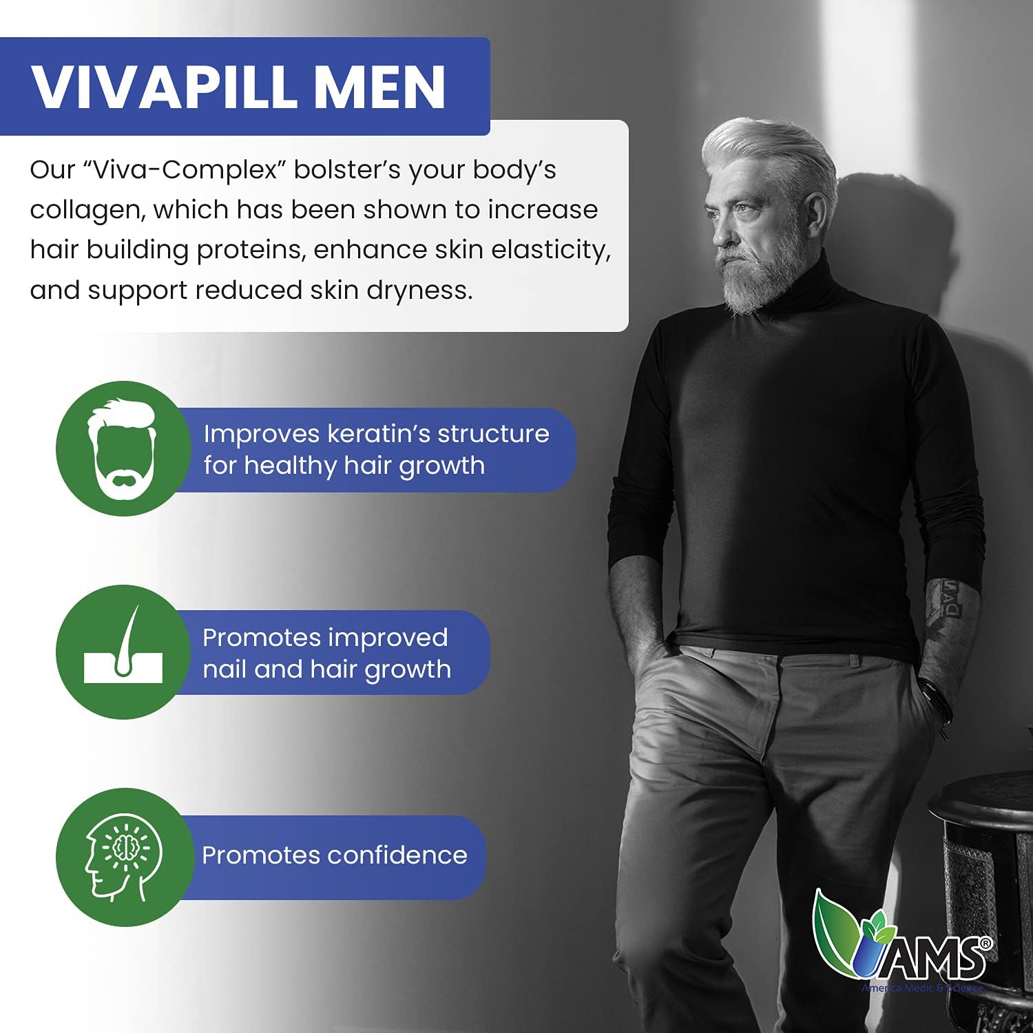 America Medic & Science VivaPill para Hombres (120 Cápsulas) - Suplemento para Cabello, Piel y Uñas con Biotina, Colágeno y Queratina