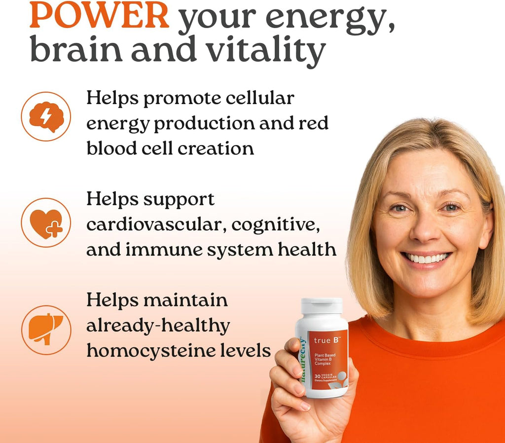 NatureCity True-B Complejo B Vegetal Super B Vitaminas - Alimentos Integrales Orgánicos con Folato Activo y Vitamina B12 - 30 Cápsulas Vegetales