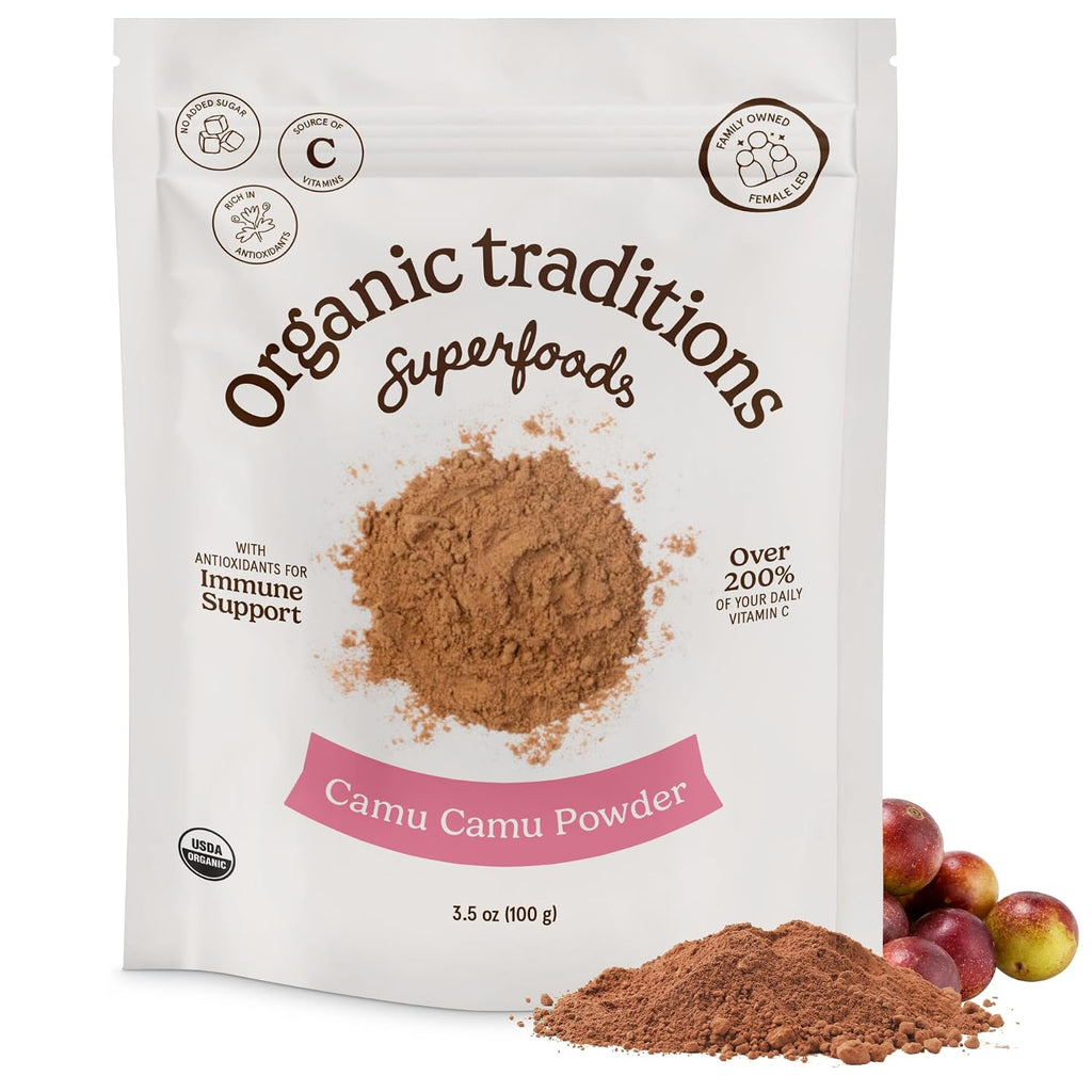 Organic Traditions Camu Camu en Polvo Orgánico, Superfruta Amazónica, Rico en Vitamina C Natural, 100g