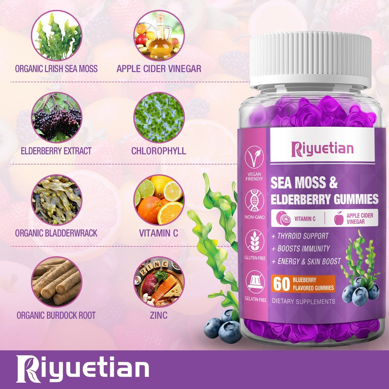 Riyuetian Gominolas Sea Moss y Elderberry con Vitamina C y Zinc, 120 Unidades (Pack de 2)