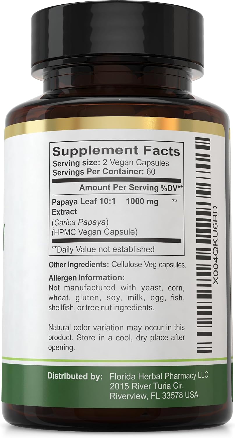 Florida Herbal Pharmacy - Extracto de Hoja de Papaya 10:1, 120 Cápsulas, 500 mg por Cápsula