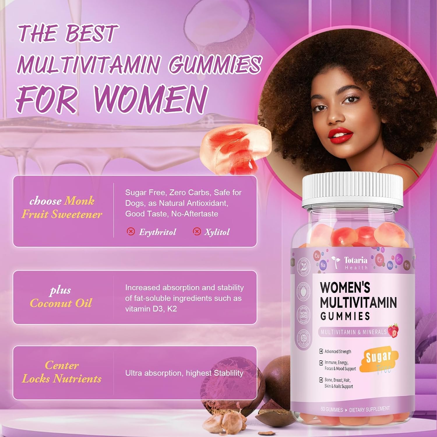 Totaria Multivitamin Gummies Sin Azúcar para Mujeres 14+ con Inositol, Hierro, Folato, Biotina