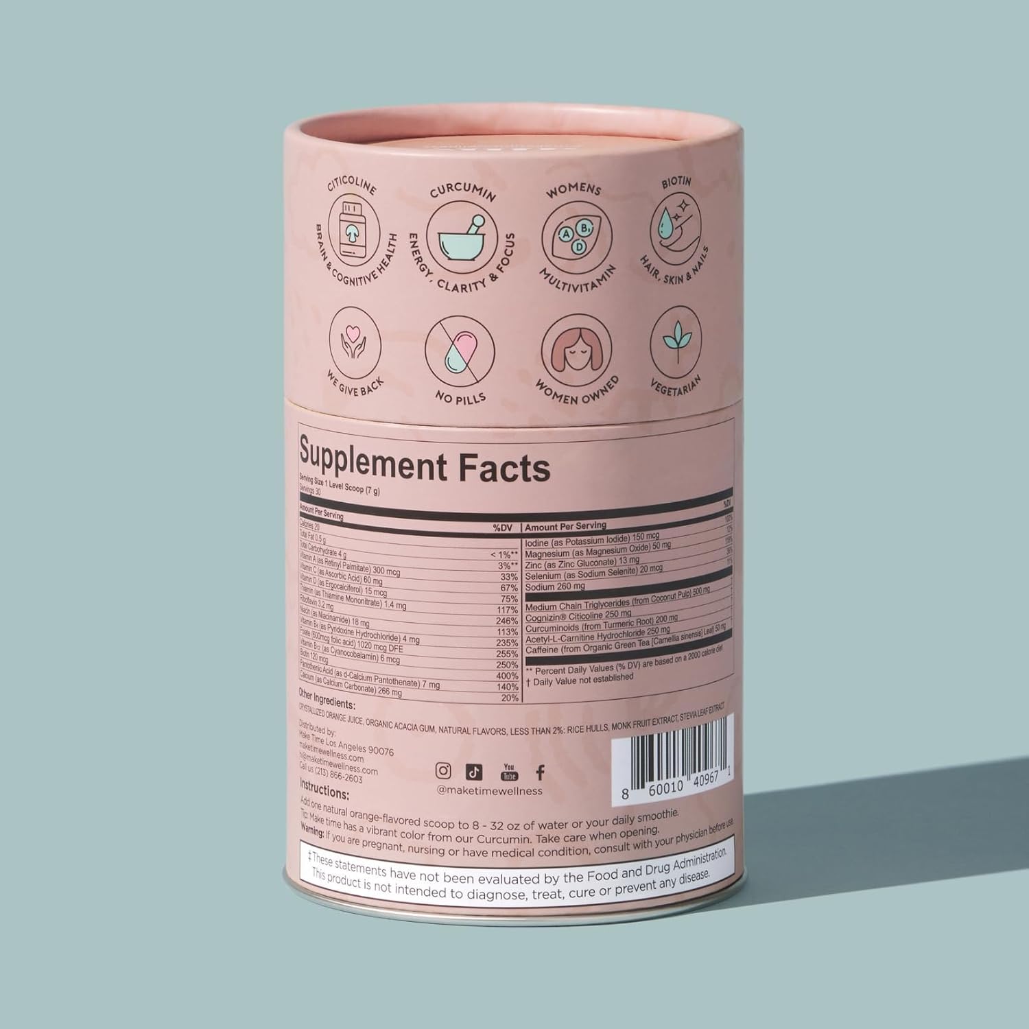 MAKE TIME Brain Health Powder - Suplemento en Polvo para Mujer (Salud Cerebral, Energía y Belleza) - 7.4 oz (30 raciones)