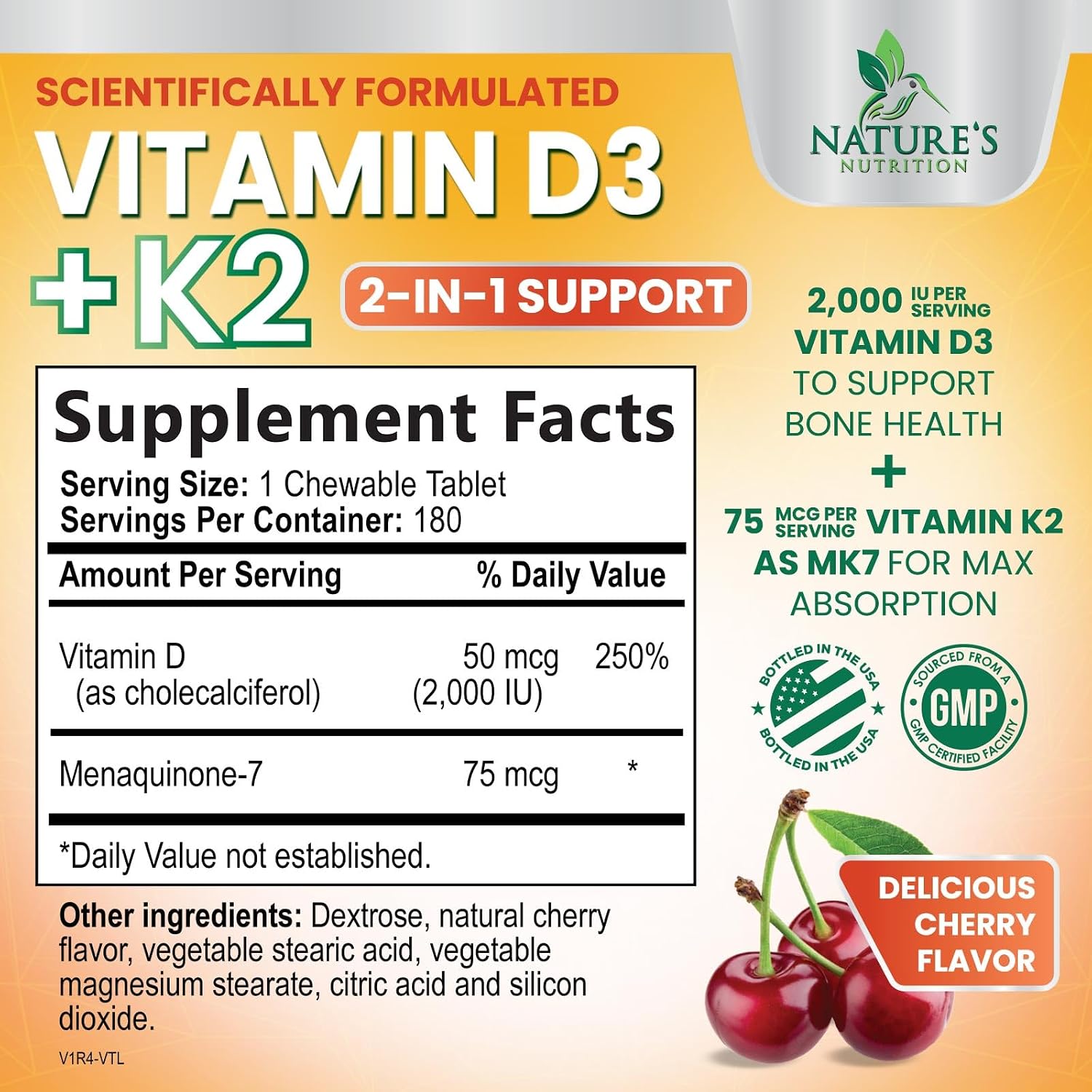 Vitamina D3 y K2 2000 UI MK-7, 180 comprimidos masticables sabor a bayas - Nature's Nutrition
