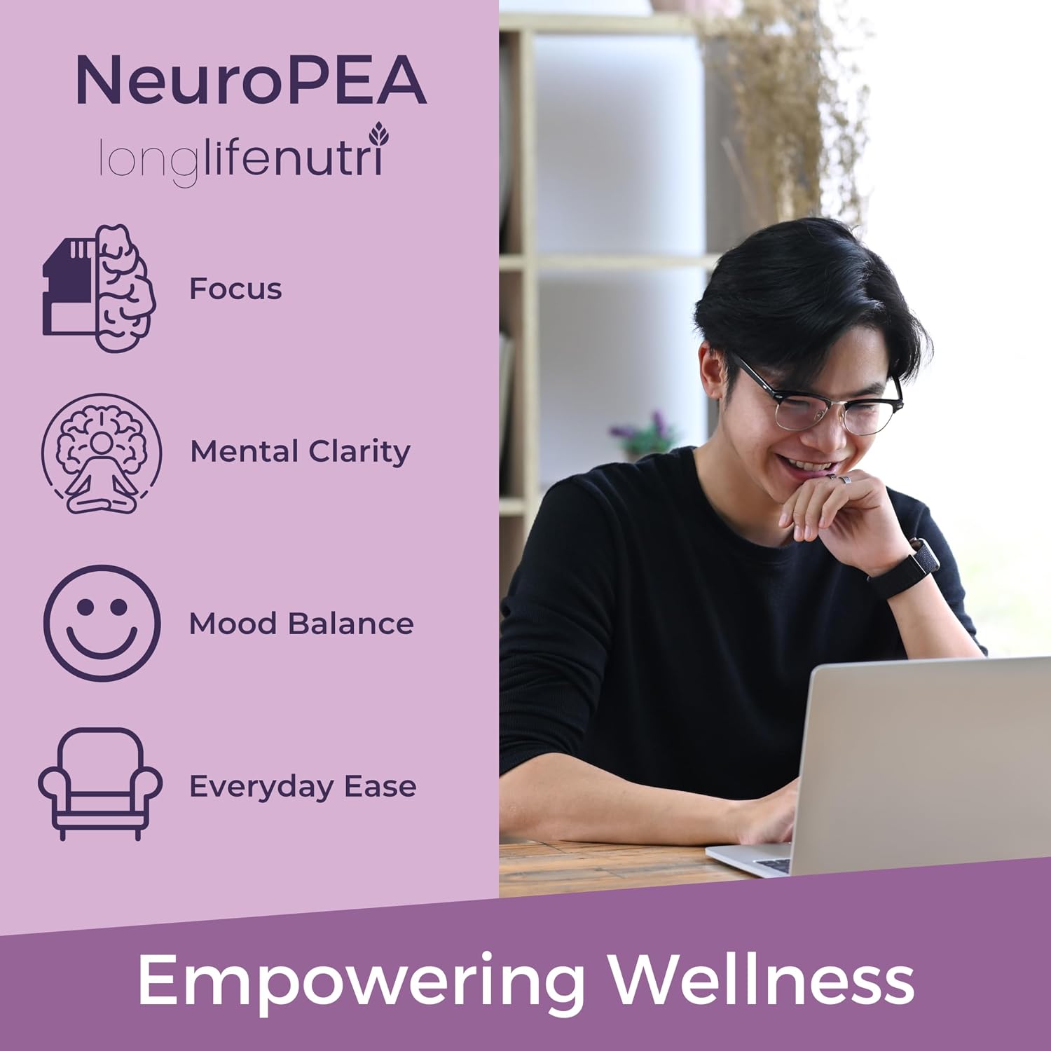 LongLifeNutri NeuroPEA (Palmitoiletanolamida + Luteolina 800mg/100mg) – Suplemento Orgánico para el Rendimiento Nervioso, 180 Cápsulas Vegetarianas (3 Meses)