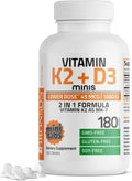 Bronson Vitamina K2 (MK-7) con D3 Dosis Baja 45 mcg K2 y 1000 UI D3 Comprimidos Mini para Mantenimiento Diario 2 en 1 No GMO, 180 Comprimidos