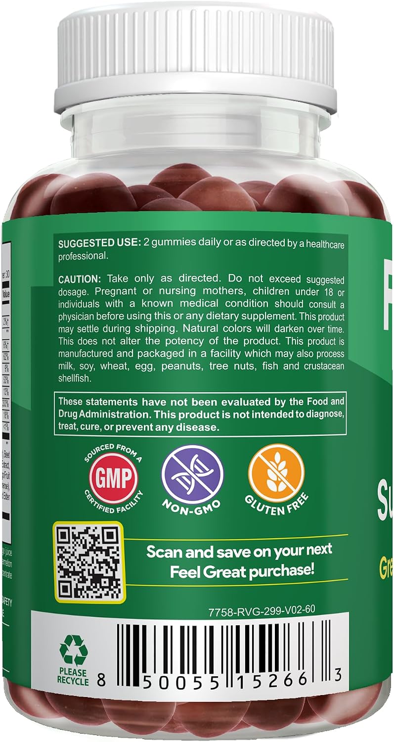 Feel Great Super Green Gummies Teen Vitamins | Gominolas Multivitamínicas Veganas para Adolescentes | Suplemento de Frutas y Verduras | 60 Unidades