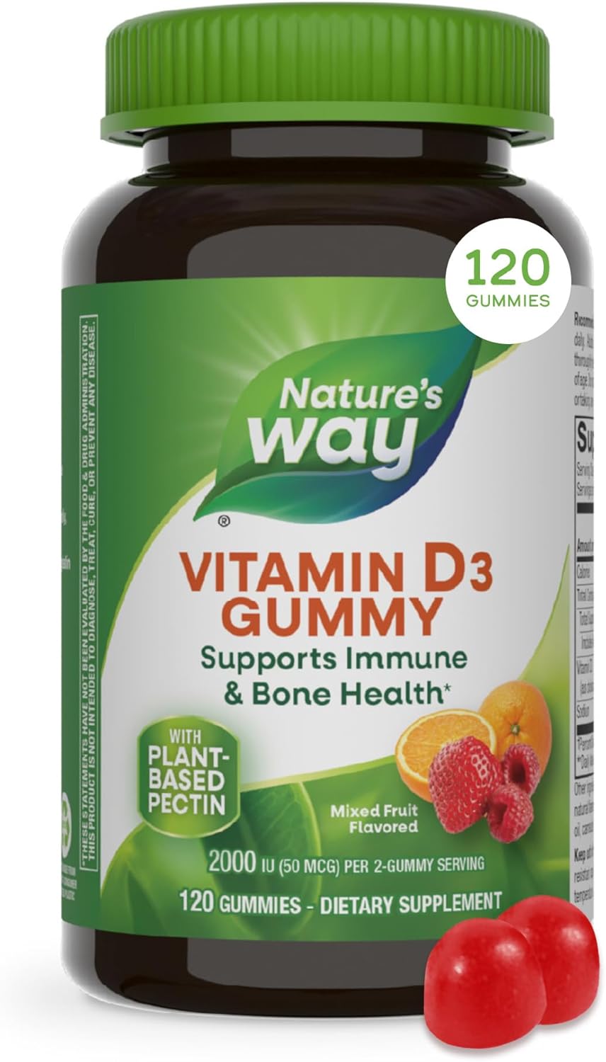 Nature's Way Vitamina D3 Gummies - 2000 IU por dosis (50 mcg) - Sabor a frutas - 120 gomitas