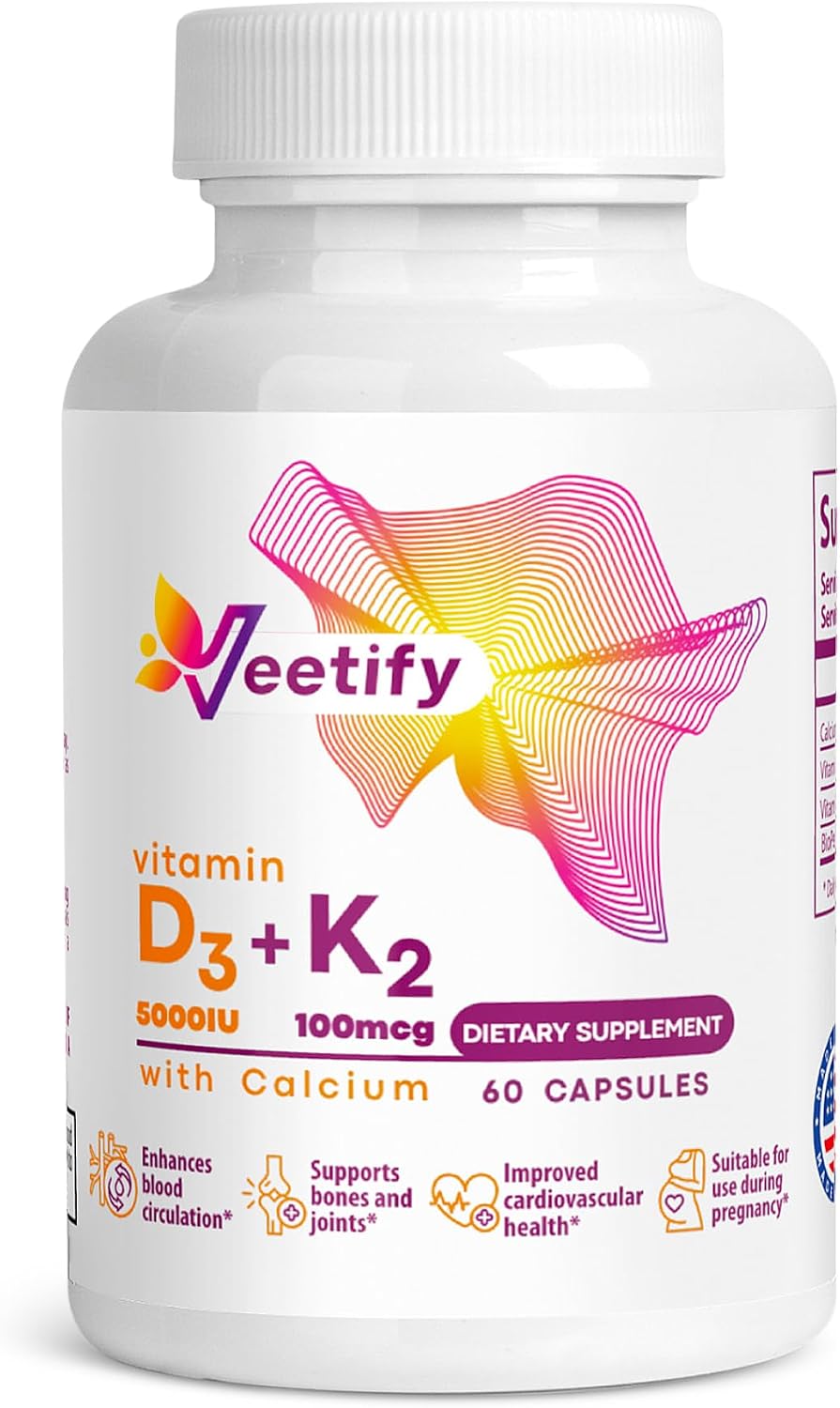 Vitamina D3 (5000 UI) + K2 (100 mcg como MK-7) con Calcio – Suplemento de Alta Absorción para la Salud Ósea, Cardíaca e Inmune – 60 Cápsulas Vegetales
