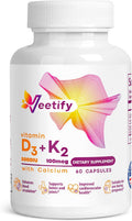 Vitamina D3 (5000 UI) + K2 (100 mcg como MK-7) con Calcio – Suplemento de Alta Absorción para la Salud Ósea, Cardíaca e Inmune – 60 Cápsulas Vegetales