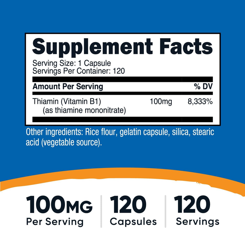 Nutricost Vitamina B1 (Tiamina) 100mg, 120 Cápsulas - Sin Gluten y No-GMO