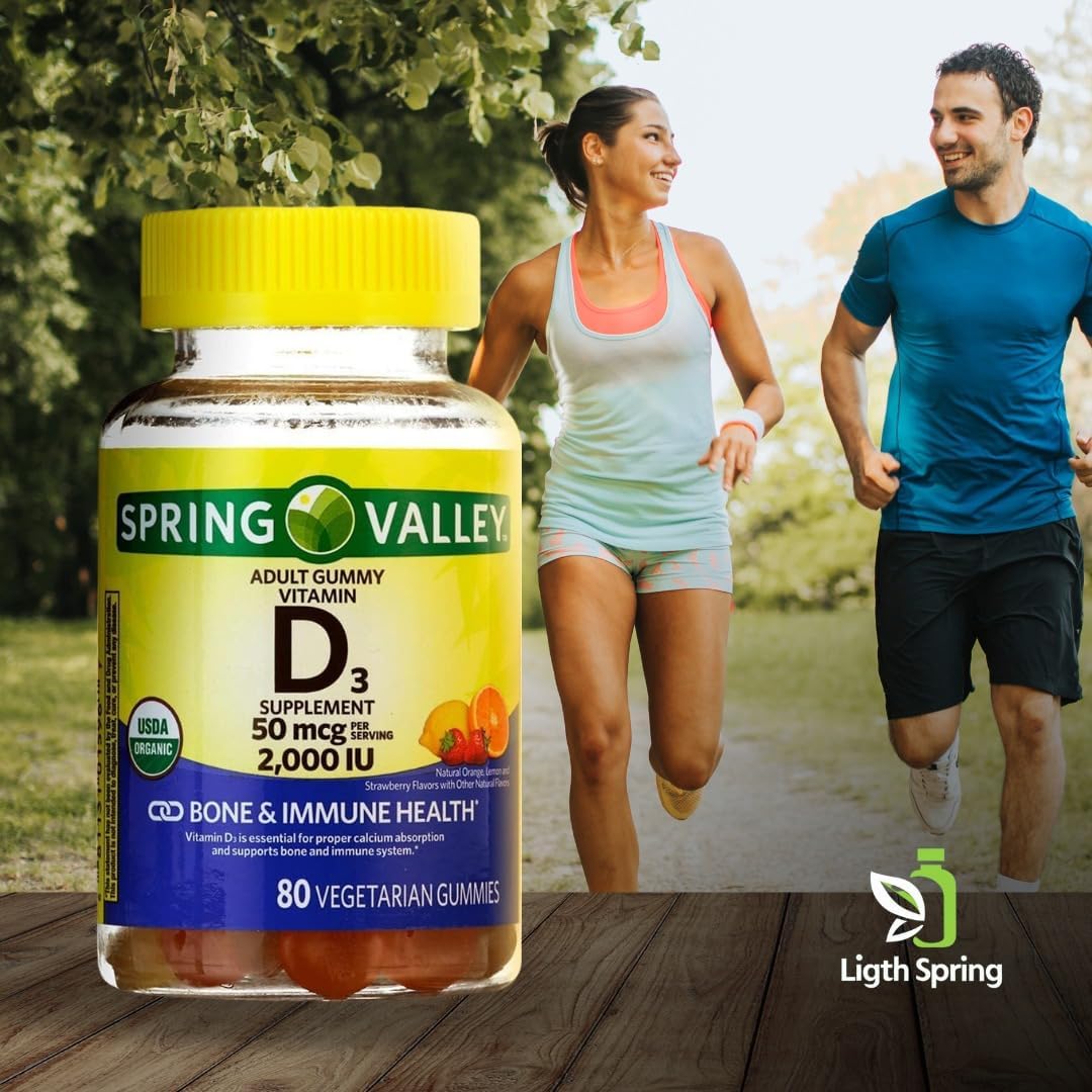 LightSpring Vitamin D3 Gummy 2000 UI - 80 Gominolas Sabor Naranja, Limón y Fresa