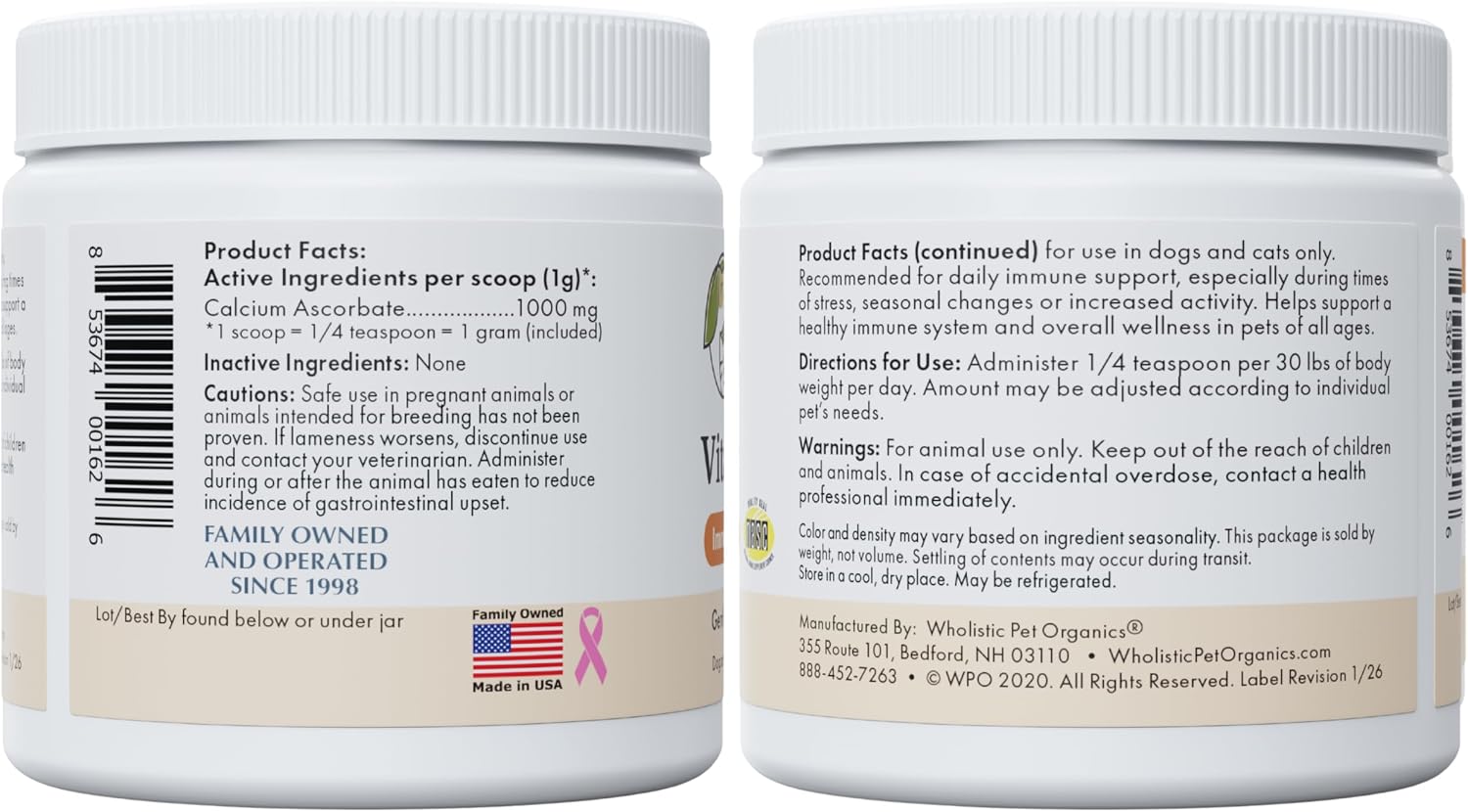 Wholistic Pet Organics Vitamina C en Polvo para Perros y Gatos - Alivio de Alergias y Picazón - Apoyo Inmunológico - 113 g