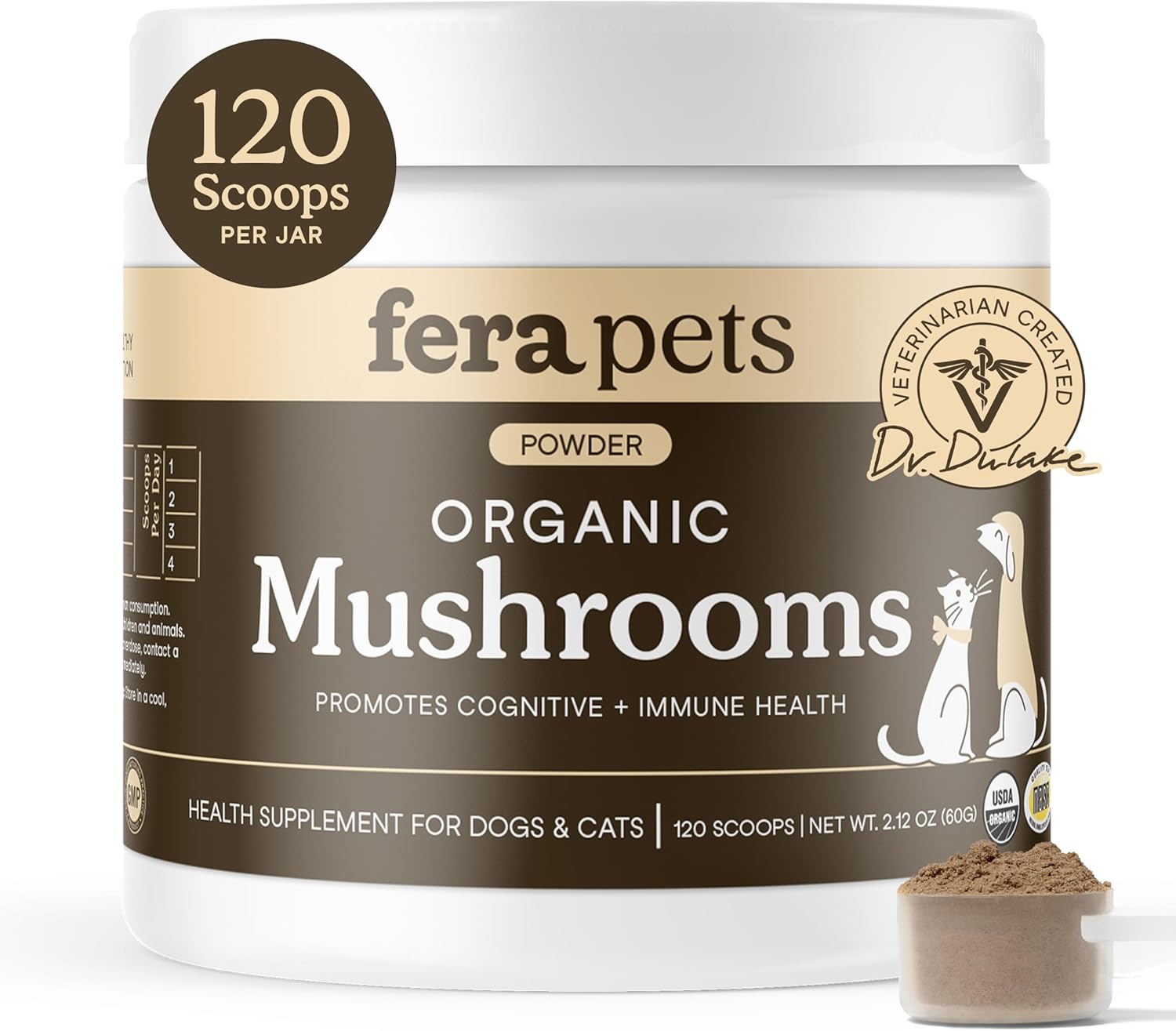 Fera Pets Mushroom Supplement para Perros y Gatos con Turkey Tail - Polvo Orgánico USDA - 120 Dosis