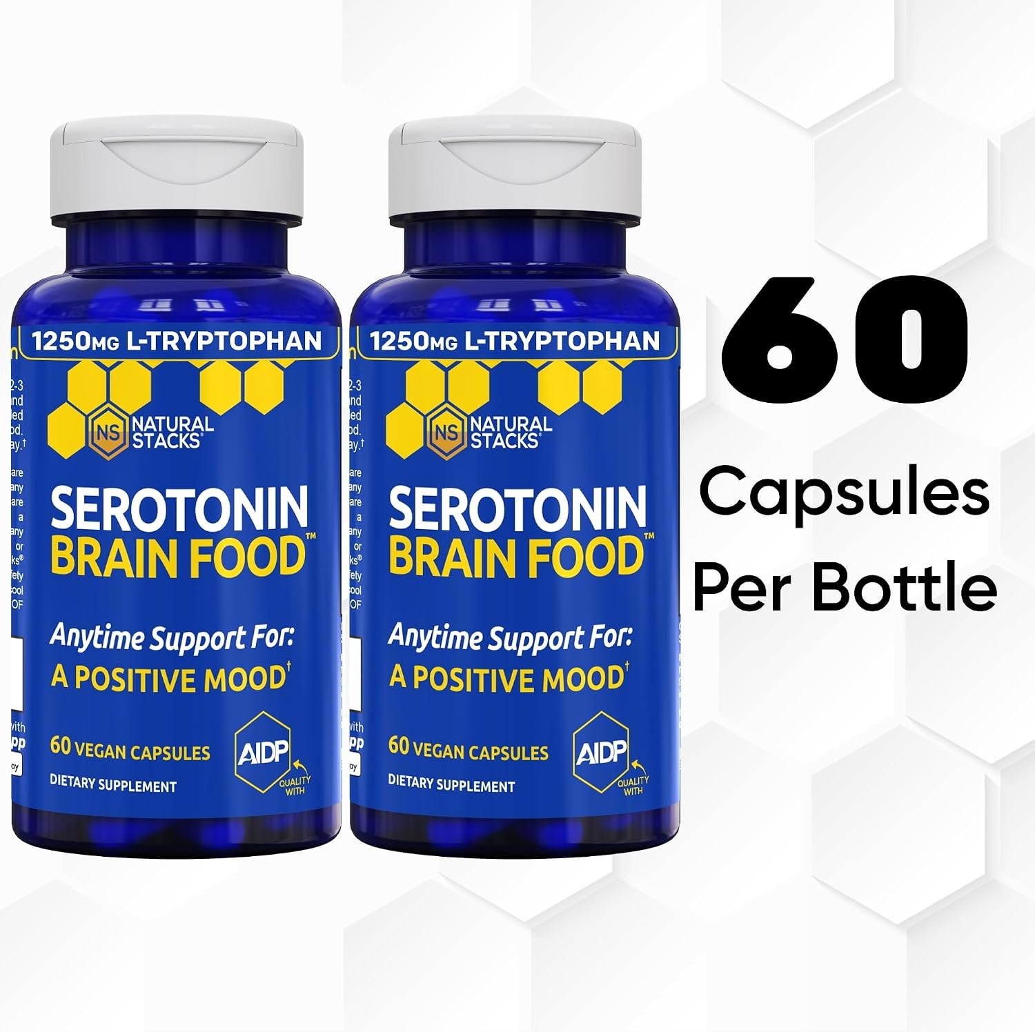 Natural Stacks Serotonin Brain Food - 1250mg L-Triptófano y 400mg Rhodiola Rosea - 120 Cápsulas