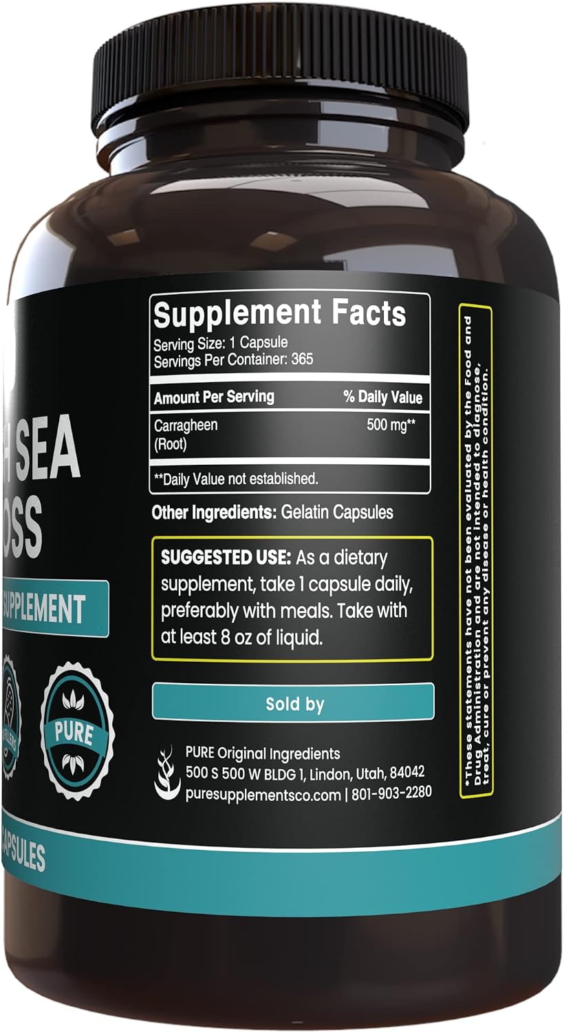 PURE ORIGINAL INGREDIENTS Irish Sea Moss (365 Cápsulas) Siempre Puro, Sin Aditivos ni Rellenos, Verificado en Laboratorio