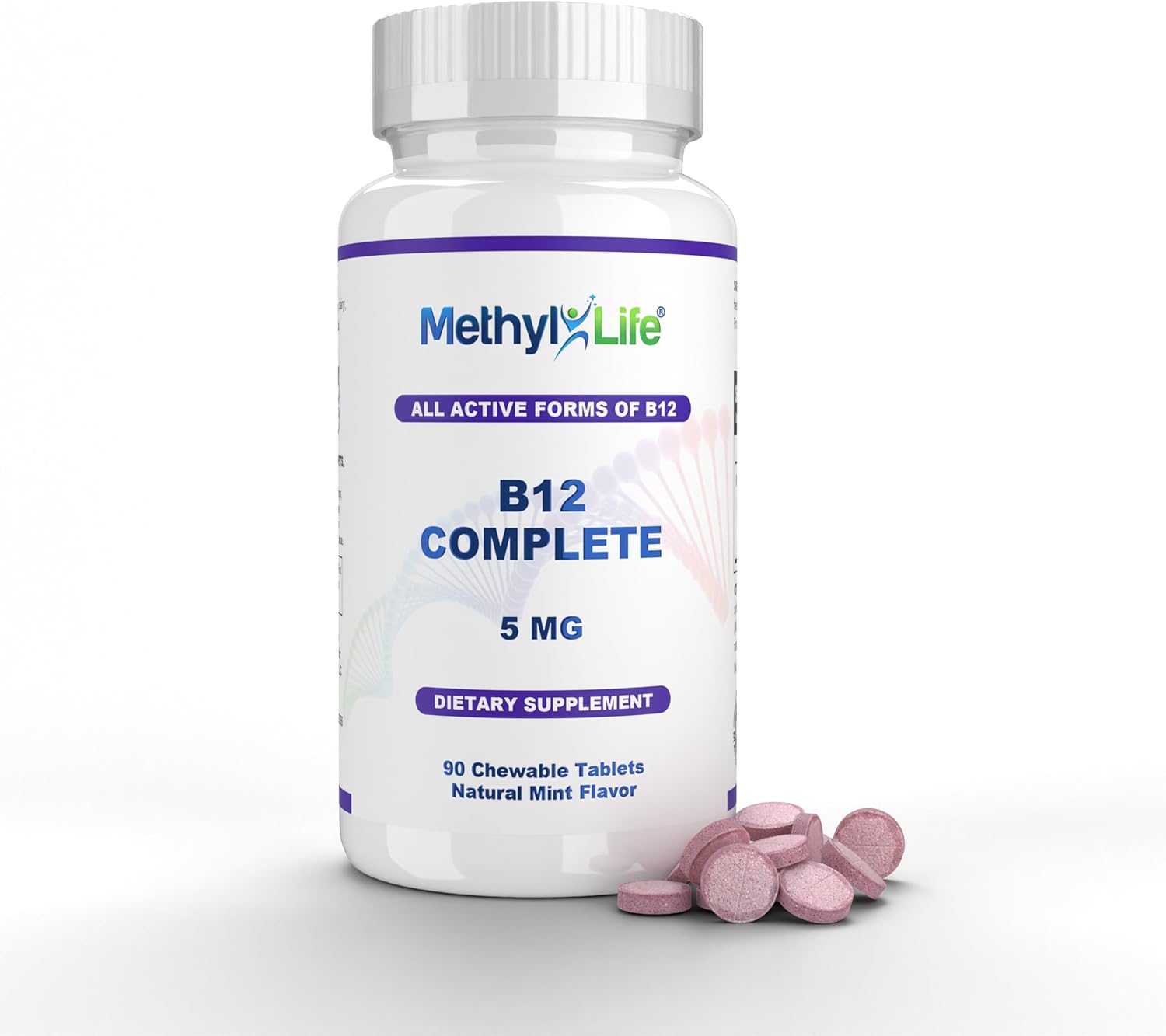 Methyl-Life® B12 Complete – 5000 mcg Metilcobalamina + Hidroxi B12 + Adenosilcobalamina | Vegano, Non-GMO, Sin Gluten | 90 Comprimidos Masticables