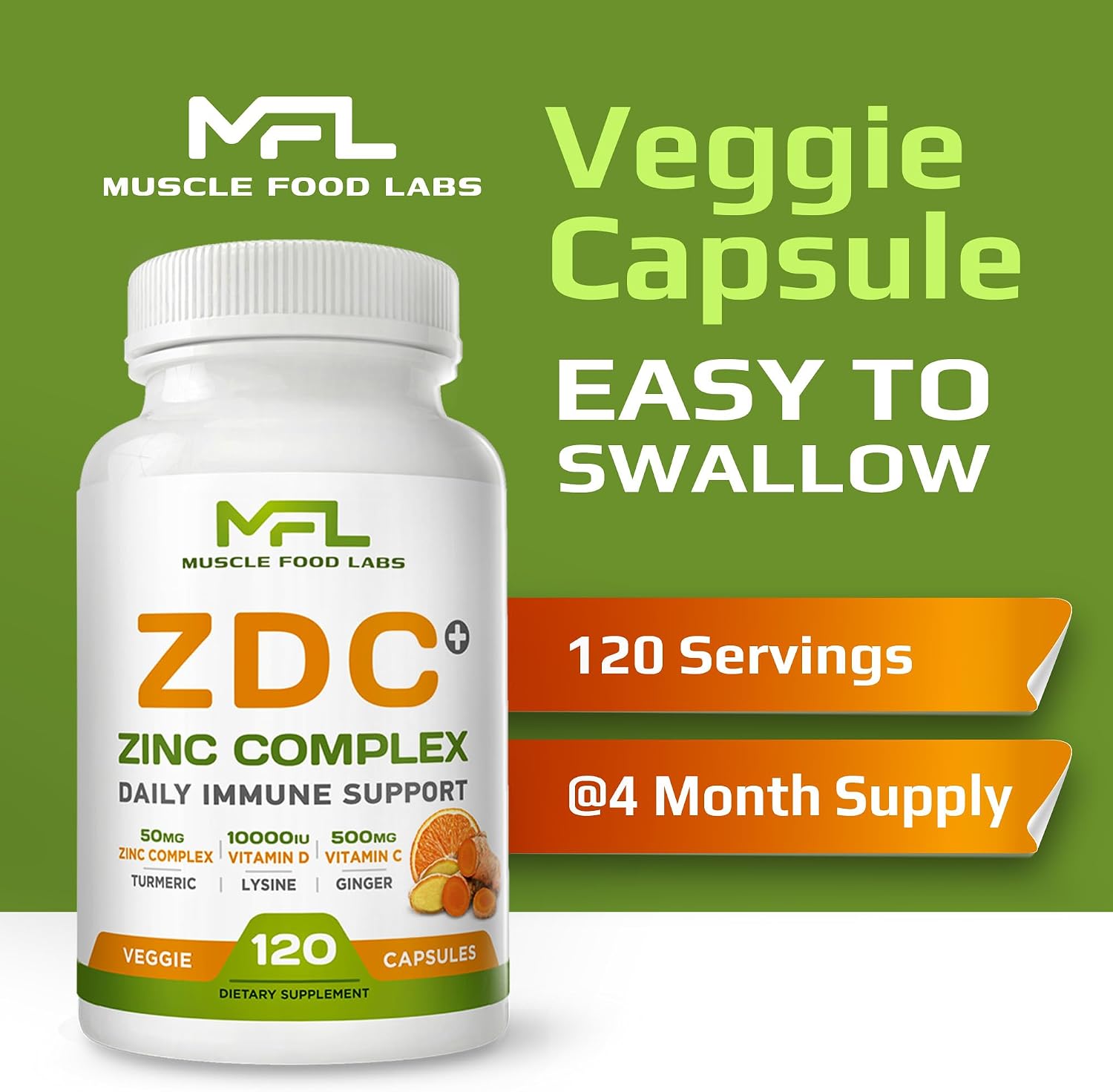 Z D C Plus | Vitamina C 500mg, D3 250 IU, Zinc 25mg | 120 Cápsulas Veganas