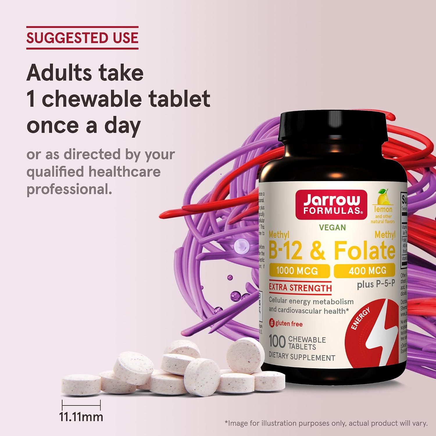 Jarrow Formulas Methyl B-12 1000mcg y Methyl Folate 400mcg, Fórmula de Fuerza Extra, Metabolismo Energético Celular y Salud Cardiovascular con P-5-P, 100 Comprimidos Masticables, 12 Paquetes