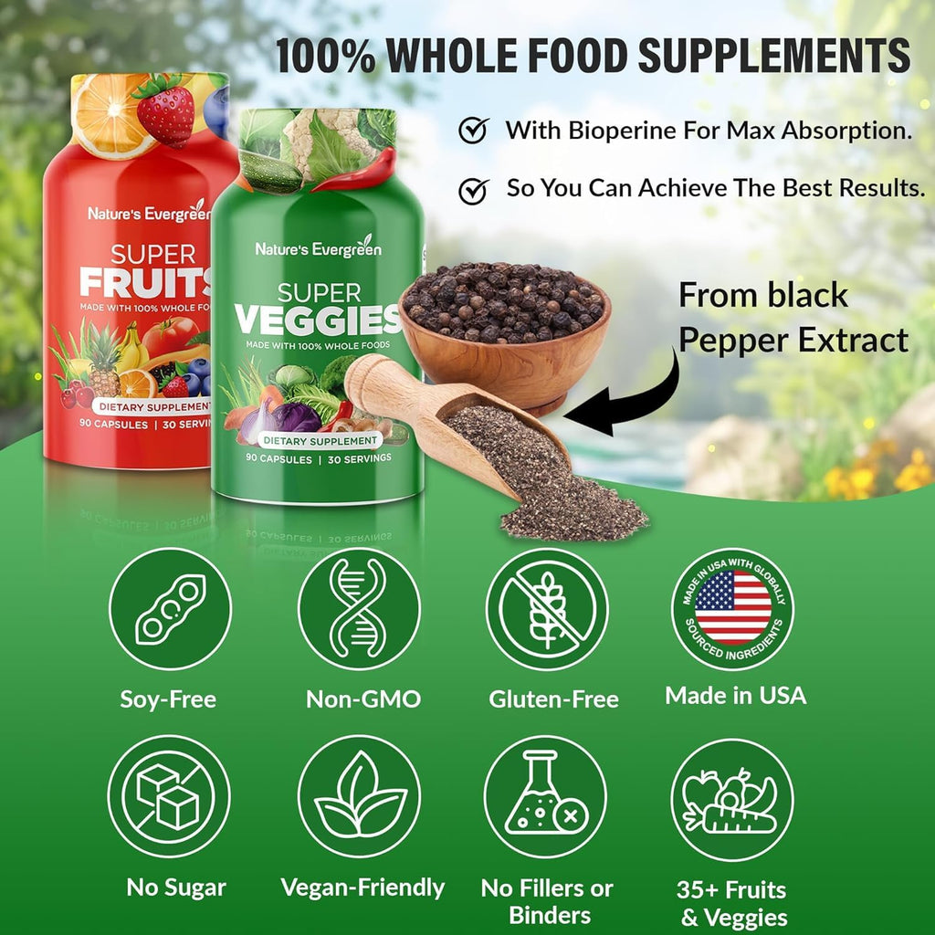 Nature's Evergreen Fruits and Veggies Supplement – 180 Cápsulas (Envase de 2)