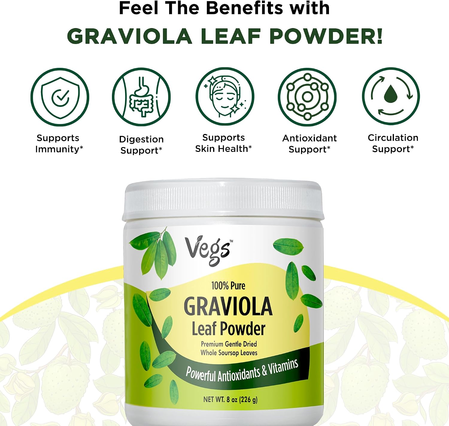 Vegs Graviola Soursop Leaf Powder - Polvo de Hojas de Graviola Orgánico, 8 oz (227 g)
