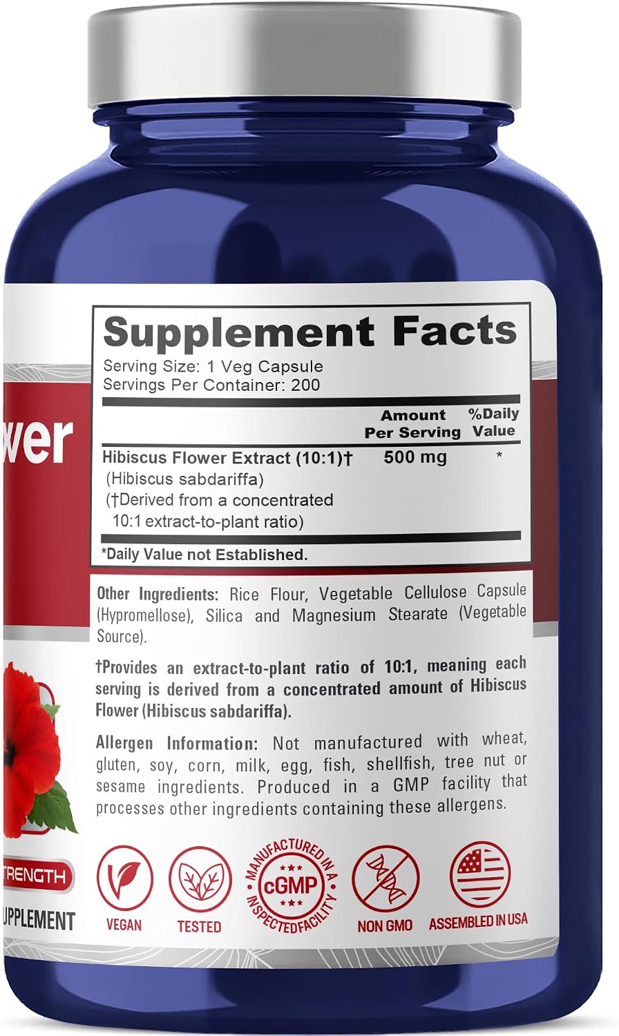 NusaPure Cápsulas de Flor de Hibisco, 500 mg, 200 Cápsulas Vegetales (No GMO, Vegano)