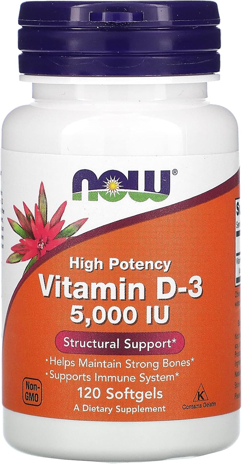 NOW Foods Vitamina D3 5.000 UI, Alta Potencia, 120 Cápsulas Blandas (Paquete de 3)