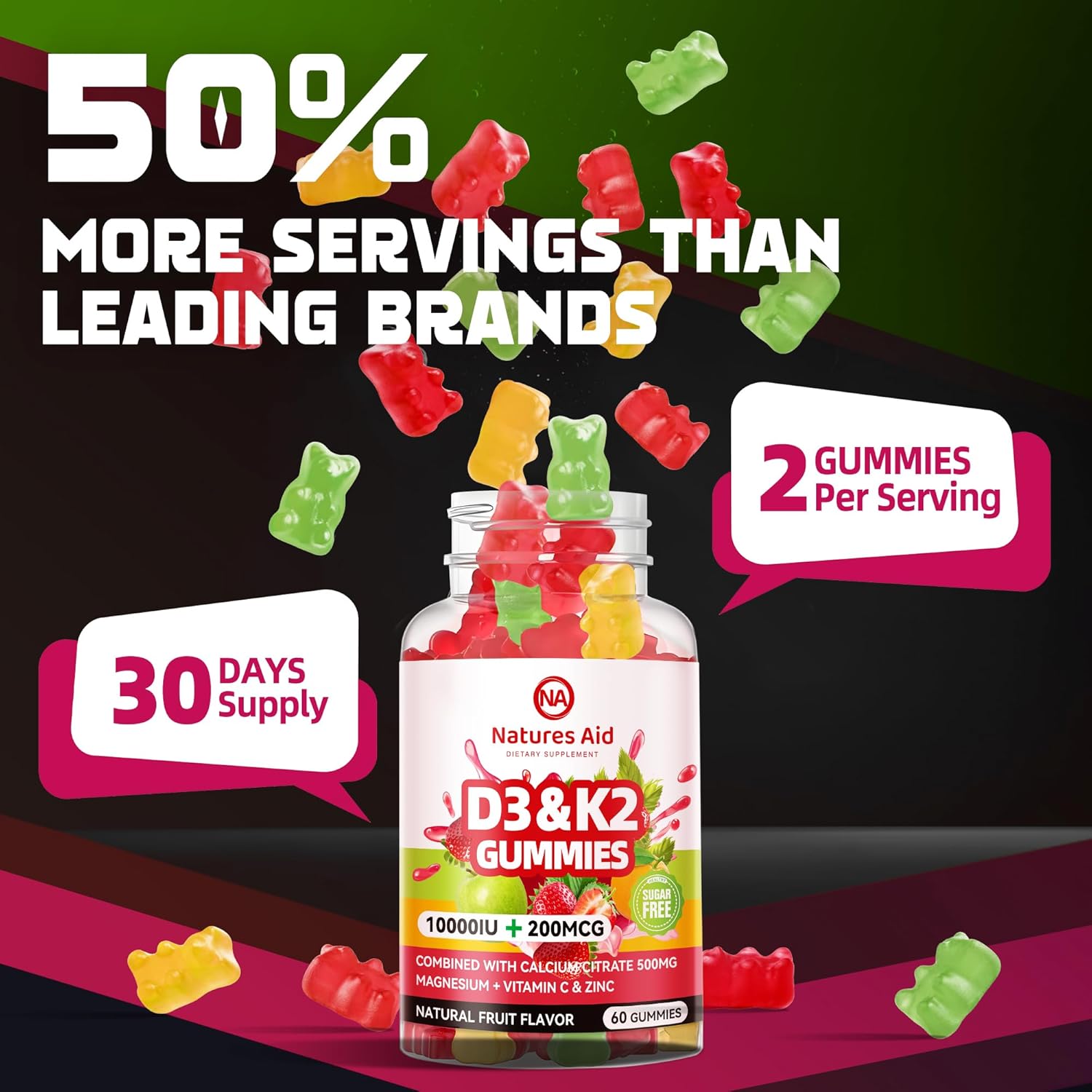 Natures Aid Gominolas Sin Azúcar de Vitamina D3 y K2 con Calcio + K2 (MK-7), Citrato de Magnesio, Vitamina C - Absorción Ósea, Muscular e Inmune - Vegano - 120 Gominolas