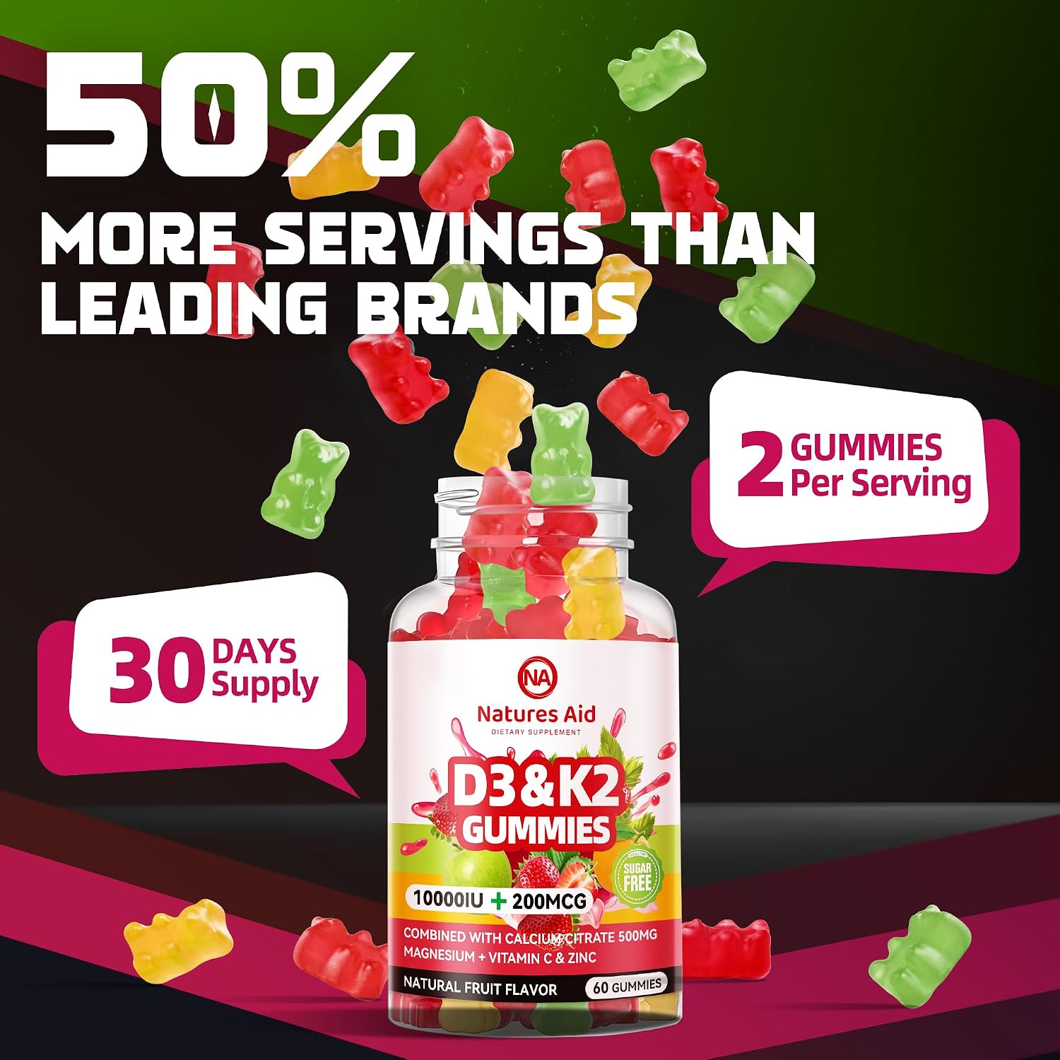 Natures Aid Gominolas de Vitamina D3 y K2 sin Azúcar con Calcio, Magnesio, Vitamina C y Zinc - 60 Gominolas Veganas