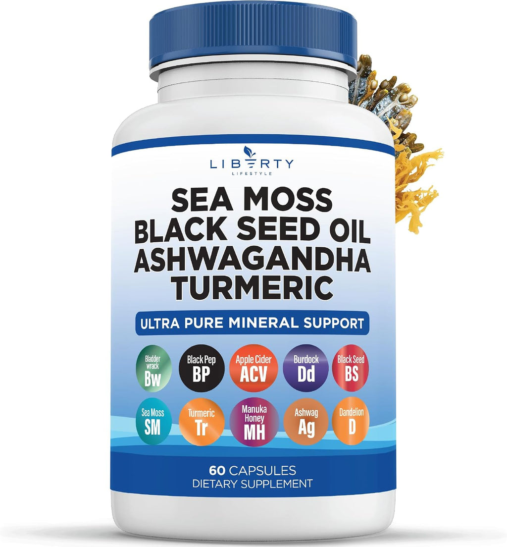 Liberty Lifestyle Sea Moss Black Seed Oil Ashwagandha Turmeric Bladderwrack Burdock - con Manuka, Honey Dandelion, ACV Black Pepper Gluten Free - 1-Pack