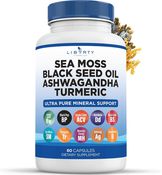 Liberty Lifestyle Sea Moss Black Seed Oil Ashwagandha Turmeric Bladderwrack Burdock - con Manuka, Honey Dandelion, ACV Black Pepper Gluten Free - 1-Pack