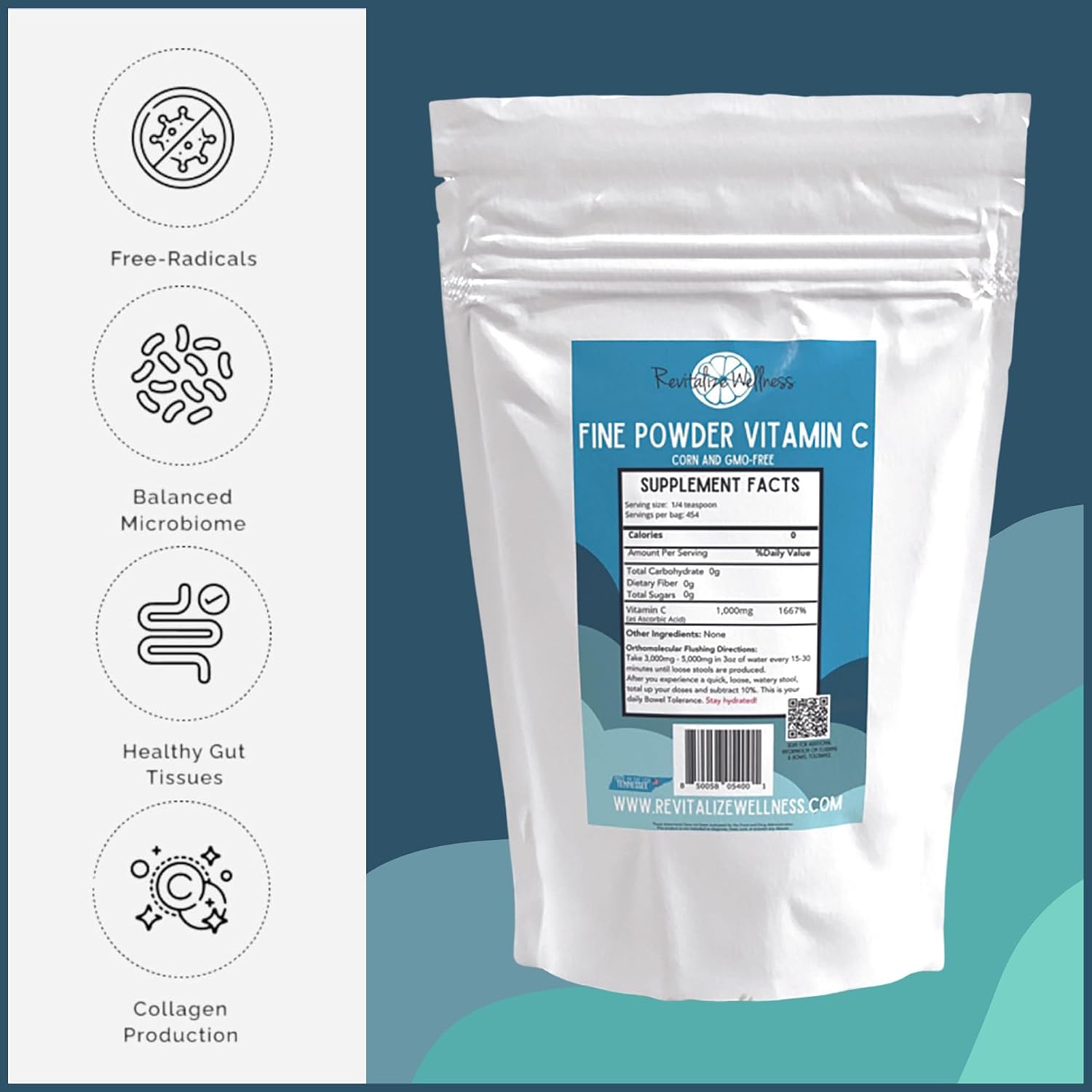 Fine Powder Vitamin C as Ascorbic Acid | Pure, Sugar, & GMO-Free | 1000 mg Vitamin C per Serving | 454 Servings per Bag