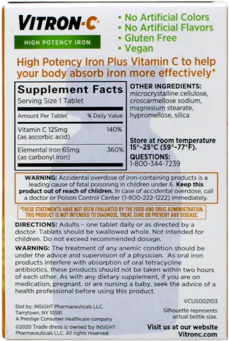 Vitron-C High Potency Iron Supplement with Vitamin C, 65 mg Elemental Iron, 60 Coated Tablets