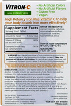 Vitron-C High Potency Iron Supplement with Vitamin C, 65 mg Elemental Iron, 60 Coated Tablets